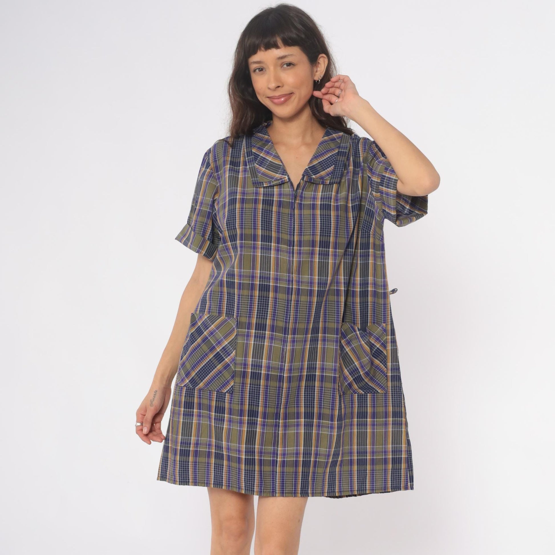 80s Zip N Dash Plaid Shift Dress Collared Pockets Navy Olive Extra Large