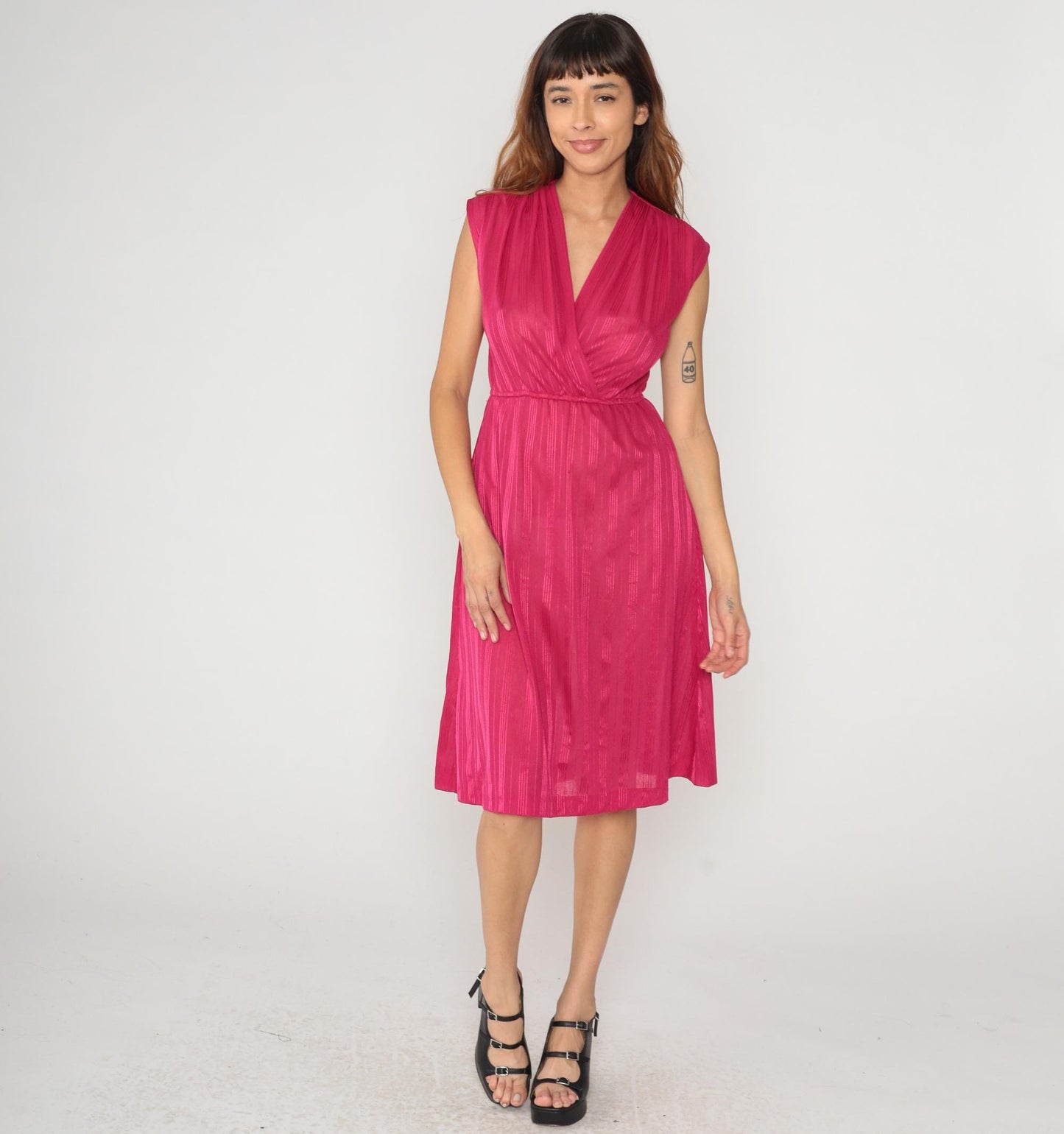 80s Hot Pink Wrap Dress V-Neck Knee Length Striped Small Medium
