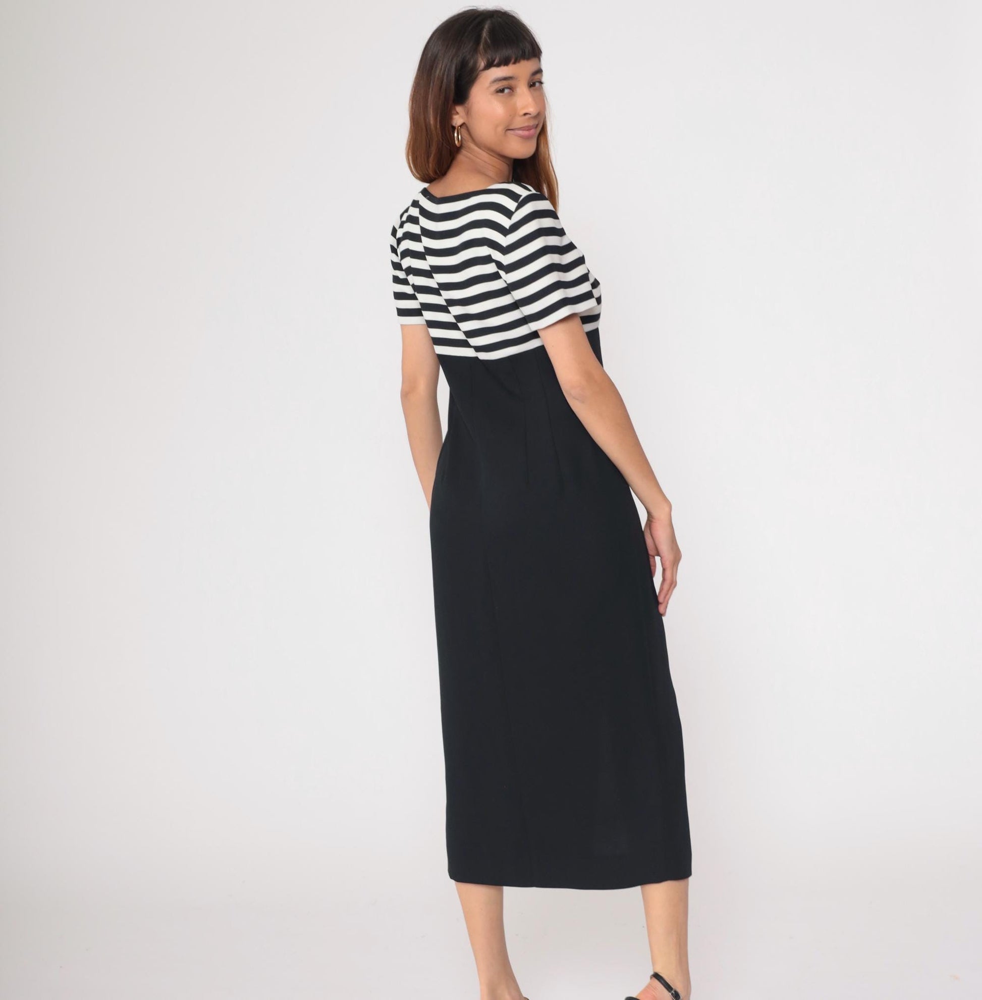 90s Liz Claiborne Striped Midi Dress Black White Button Front Medium