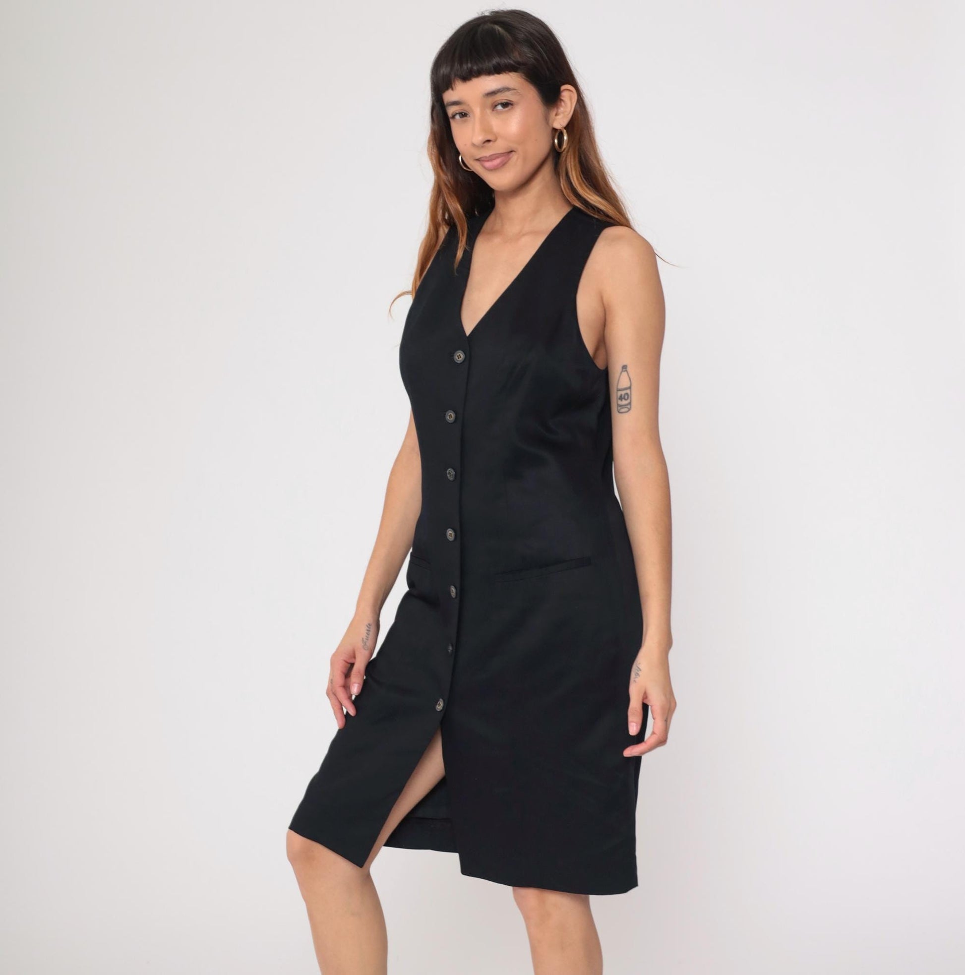 90s Valerie Stevens Black Button-Front V-Neck Knee-Length Shift Dress Medium