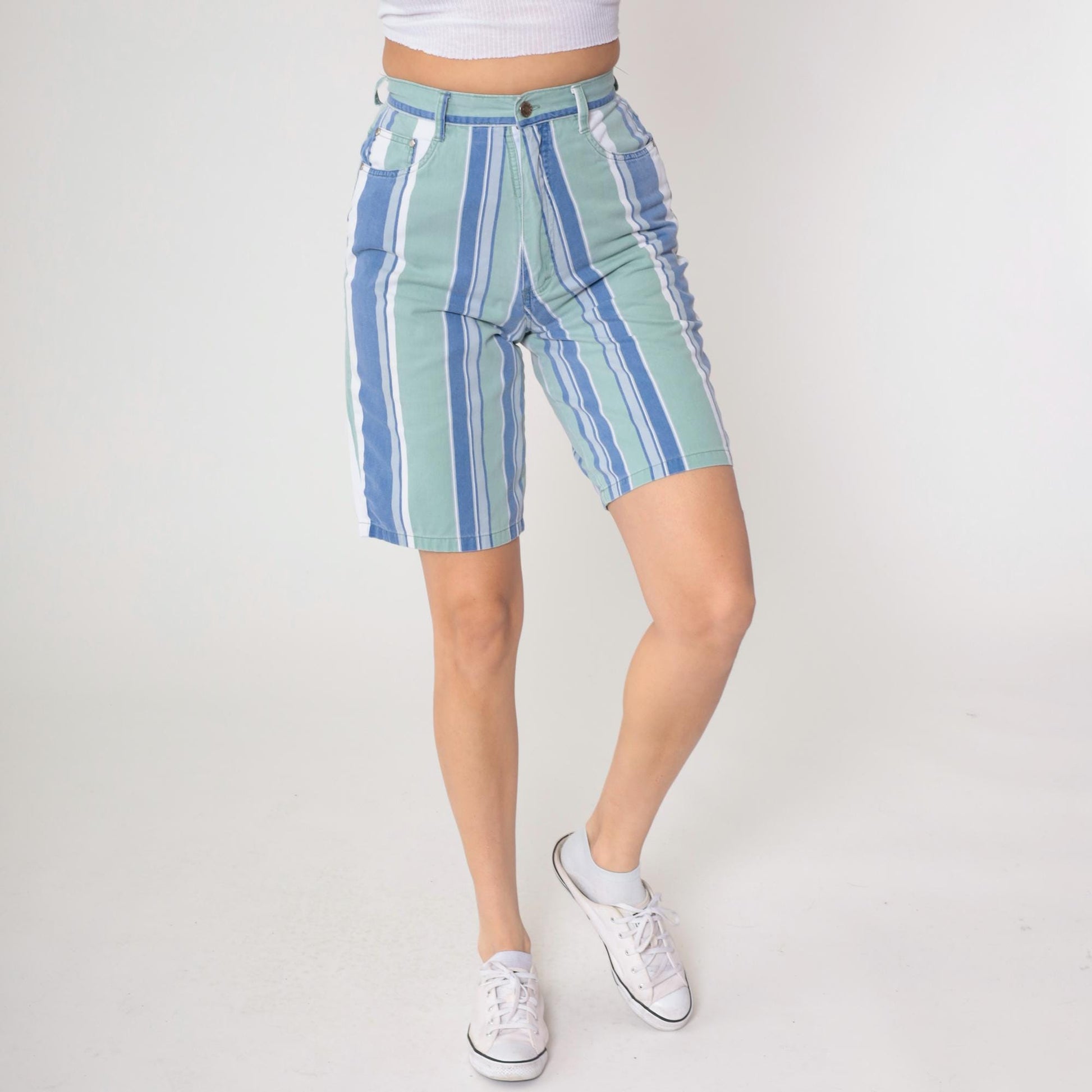 Y2K Anchor Blue Striped Bermuda Shorts High Waist Cotton Small S