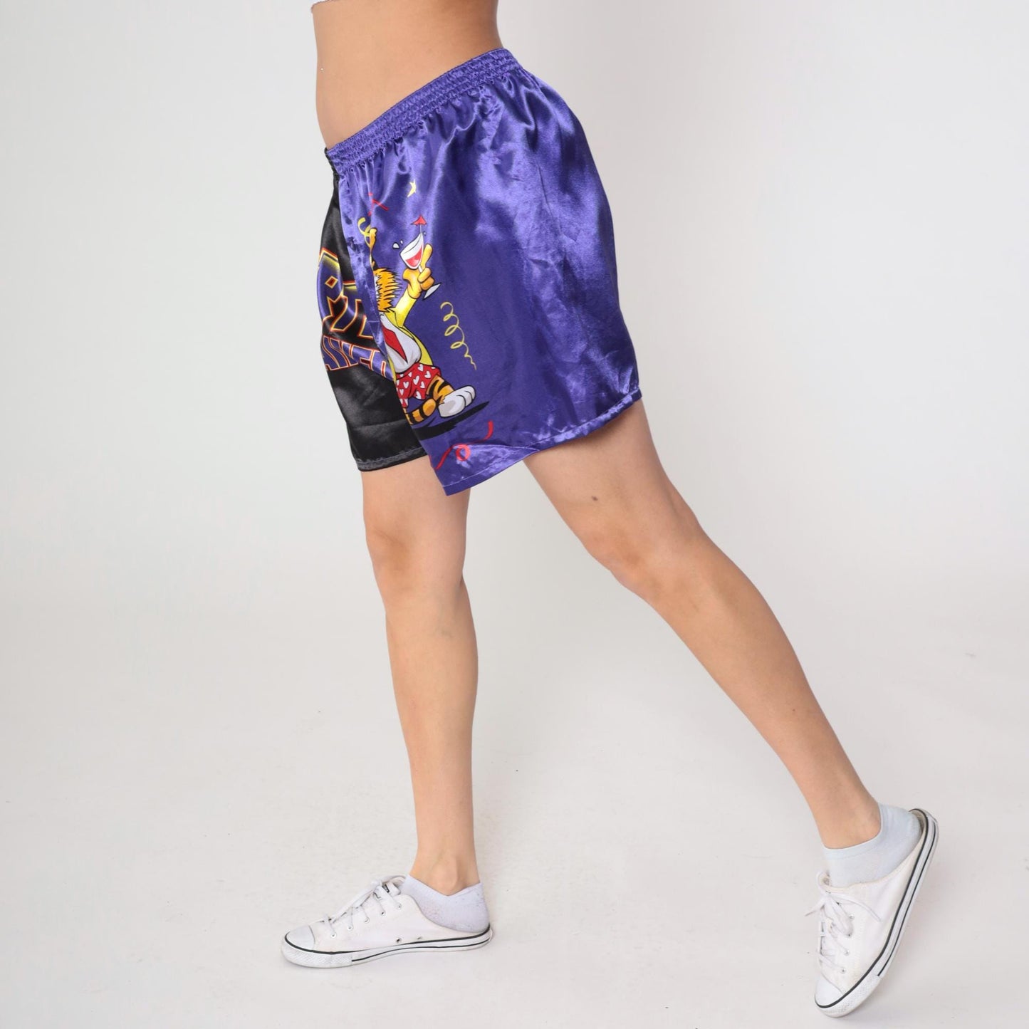 90s Party Trained Tiger Satin Shorts Purple Black Split High Waist Plus Size XXL