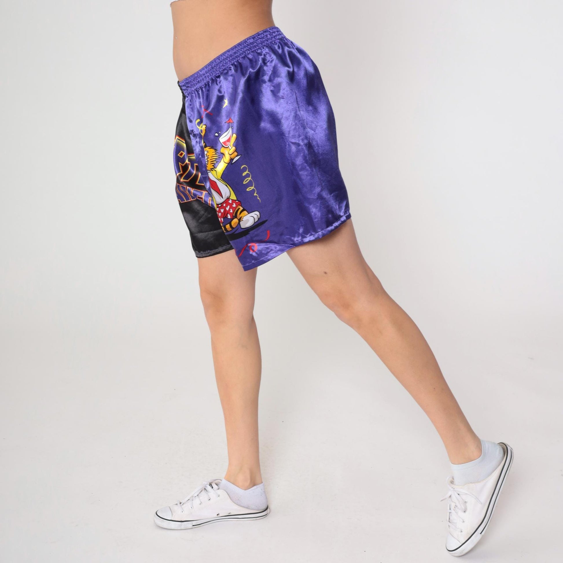 90s Party Trained Tiger Satin Shorts Purple Black Split High Waist Plus Size XXL