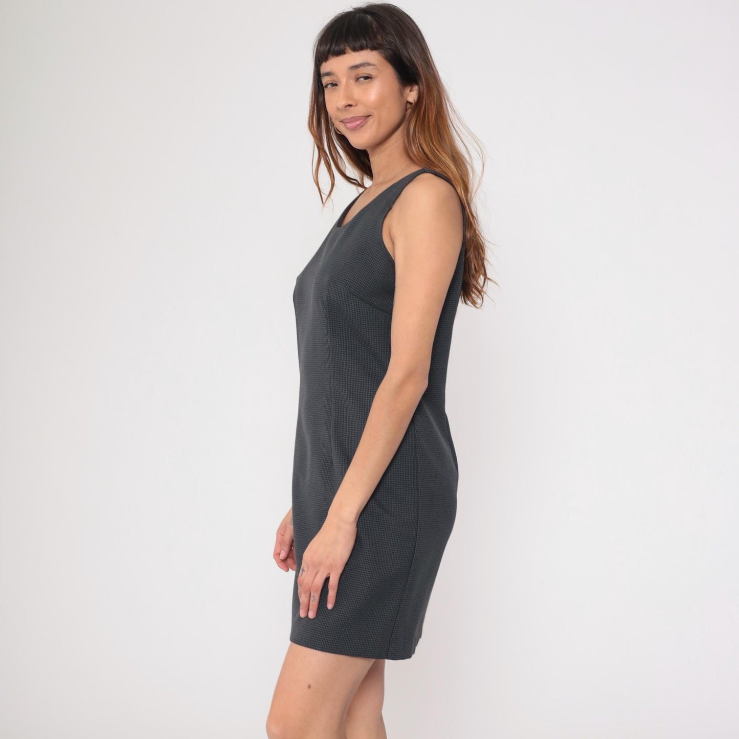 90s Houndstooth Shift Dress Black Grey Scoop Neck Sleeveless Medium
