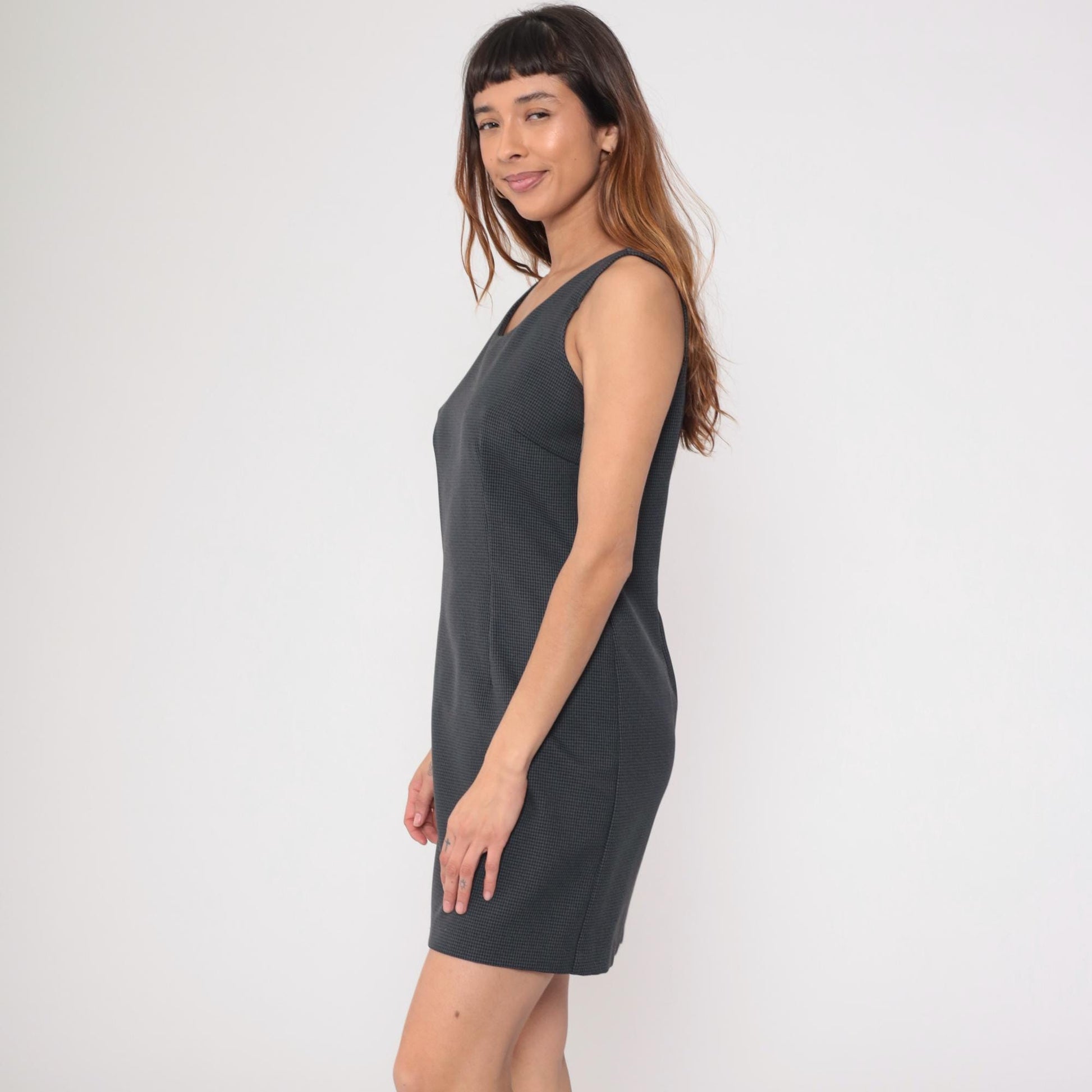 90s Houndstooth Shift Dress Black Grey Scoop Neck Sleeveless Medium