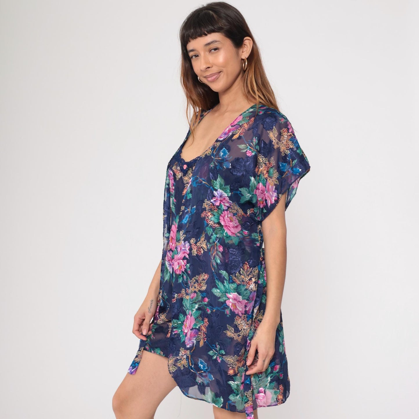 90s Navy Floral Kimono Robe Pink Purple Blue Green Flowers Wrap Tie Lingerie Large
