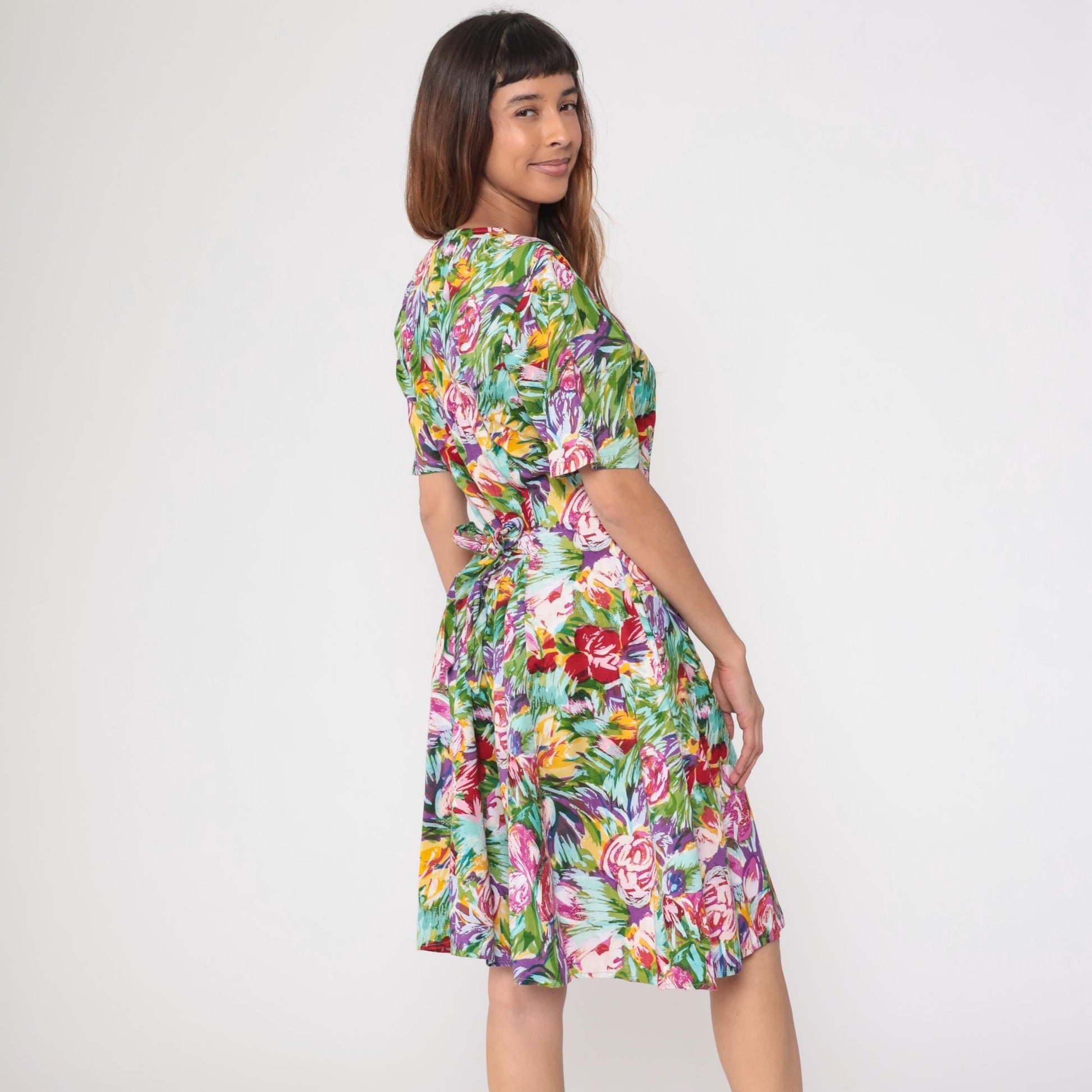 90s Floral Sundress Puff Sleeve Multicolor Watercolor Button Front Medium