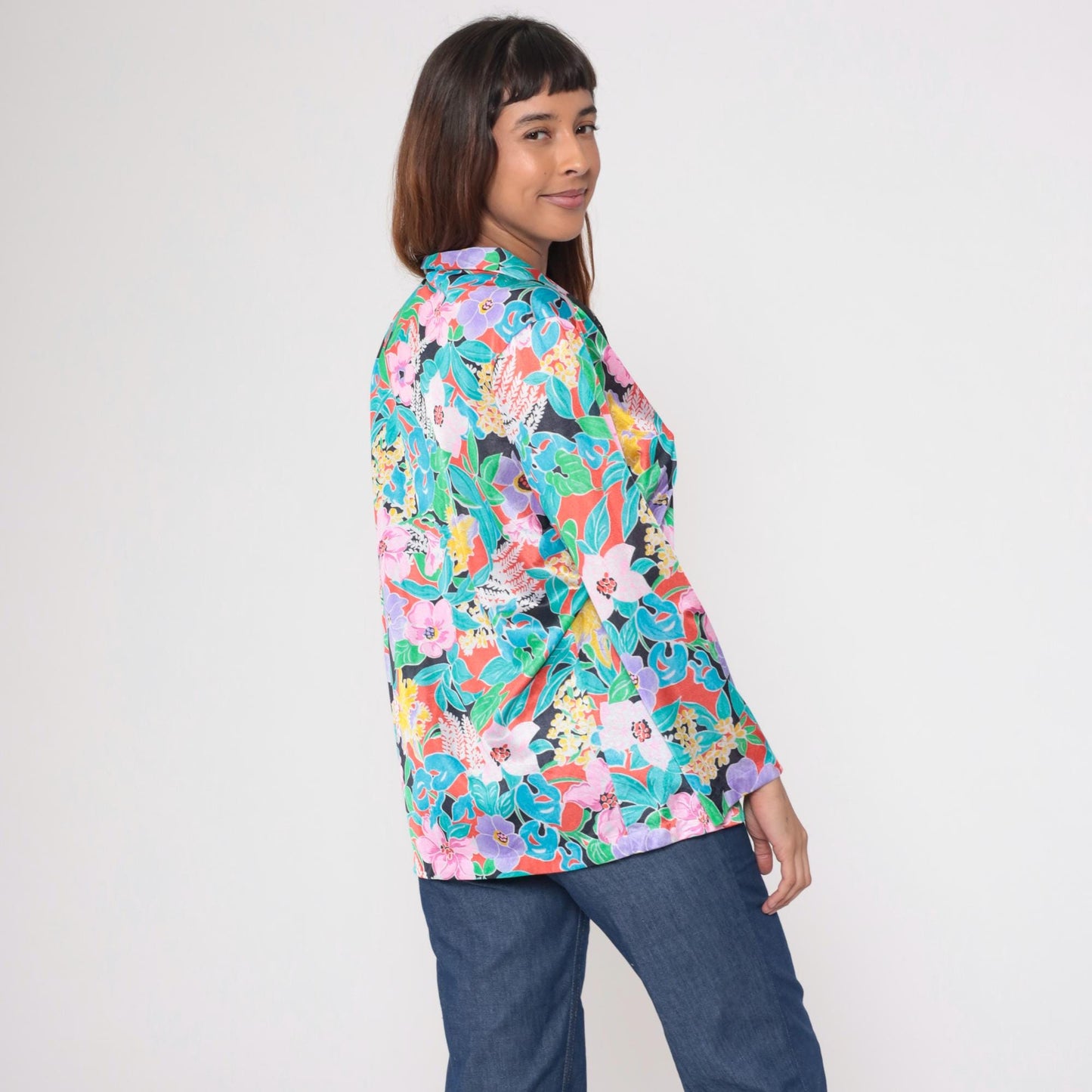 80s Vanity Fair Tropical Floral Button-Up Blouse Pink Purple Turquoise Medium