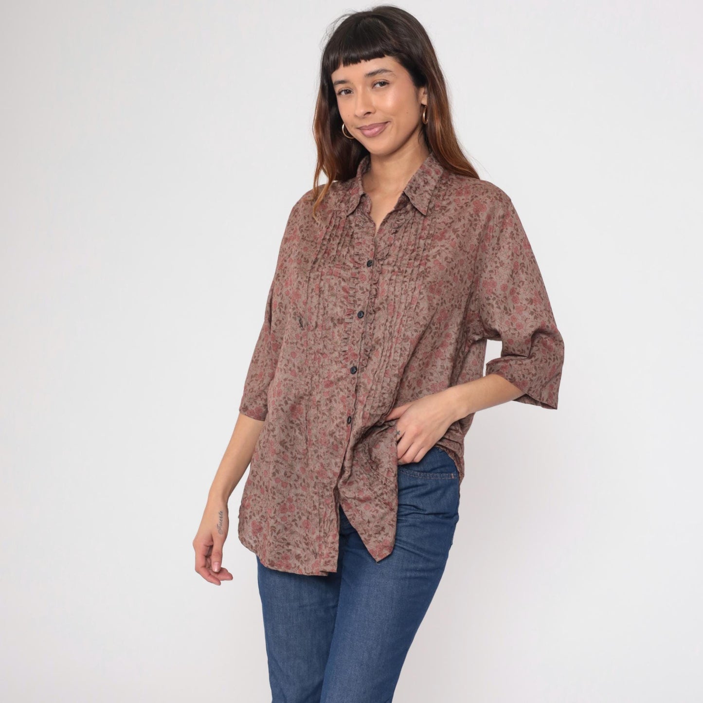 Y2K Sheryll Ellein Floral Button-Up Blouse Pintuck 3/4 Sleeve Beige Extra Large XXL