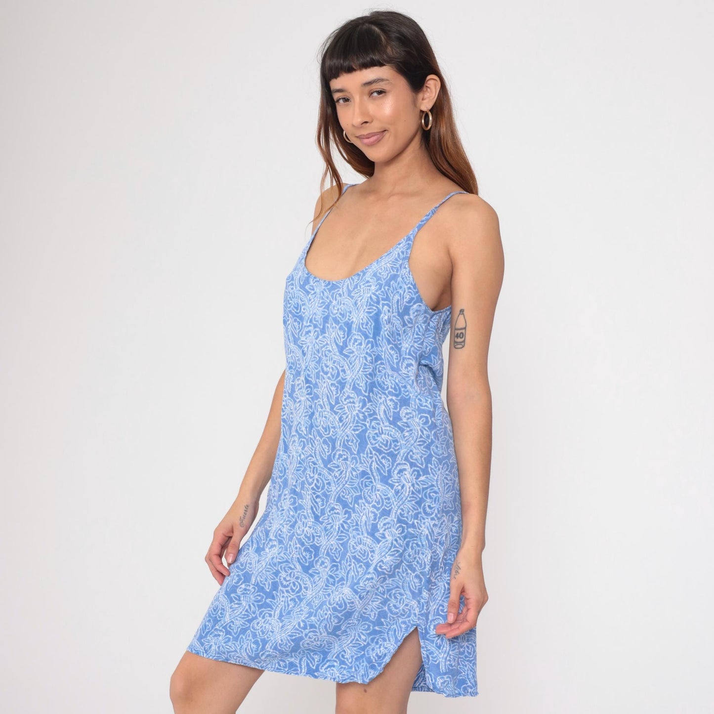 90s Blue Ginger Slip Dress Floral Print Spaghetti Strap Small