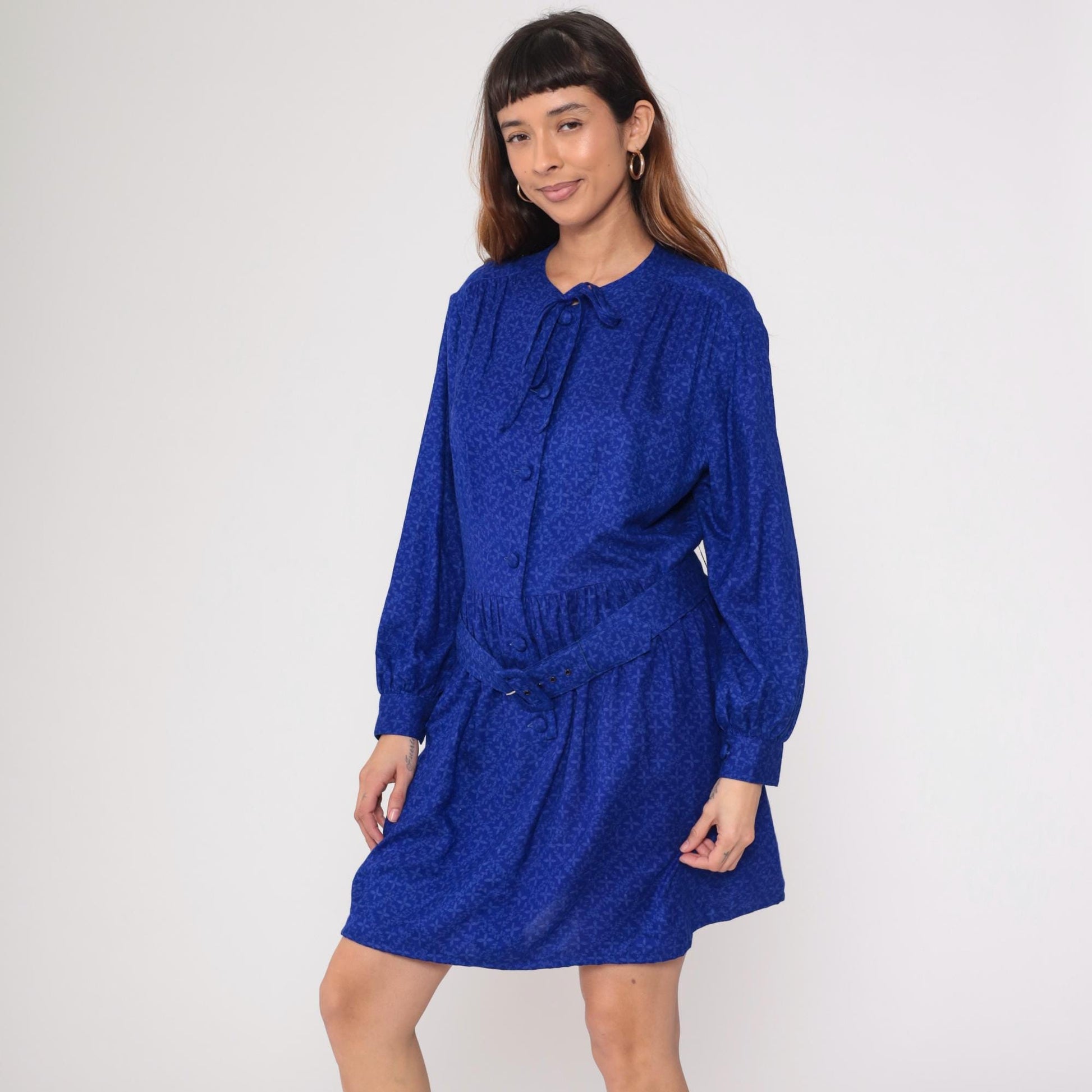 90s Royal Blue Tie Neck Shirt Dress Belted Waist Long Sleeve Medium
