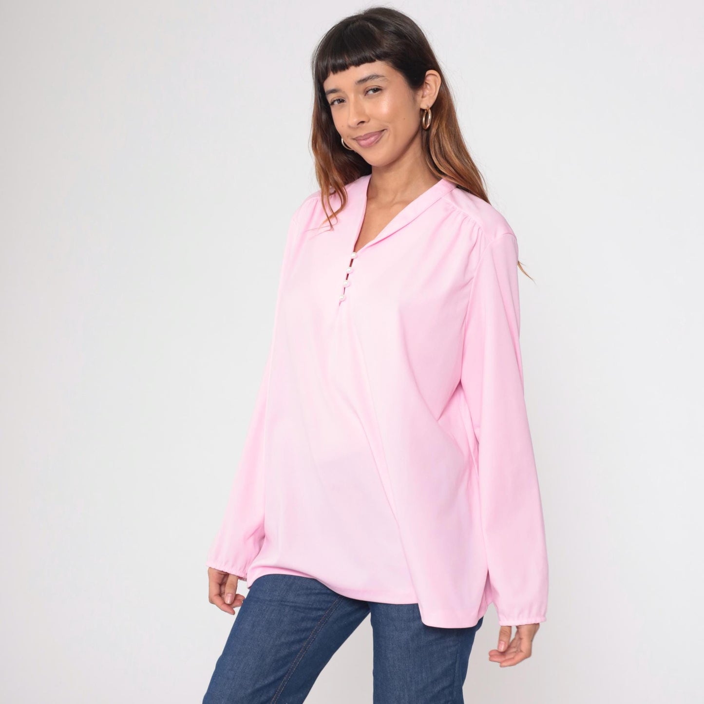70s Pink Pearl Button Collared Blouse Gathered Shoulders Extra Large