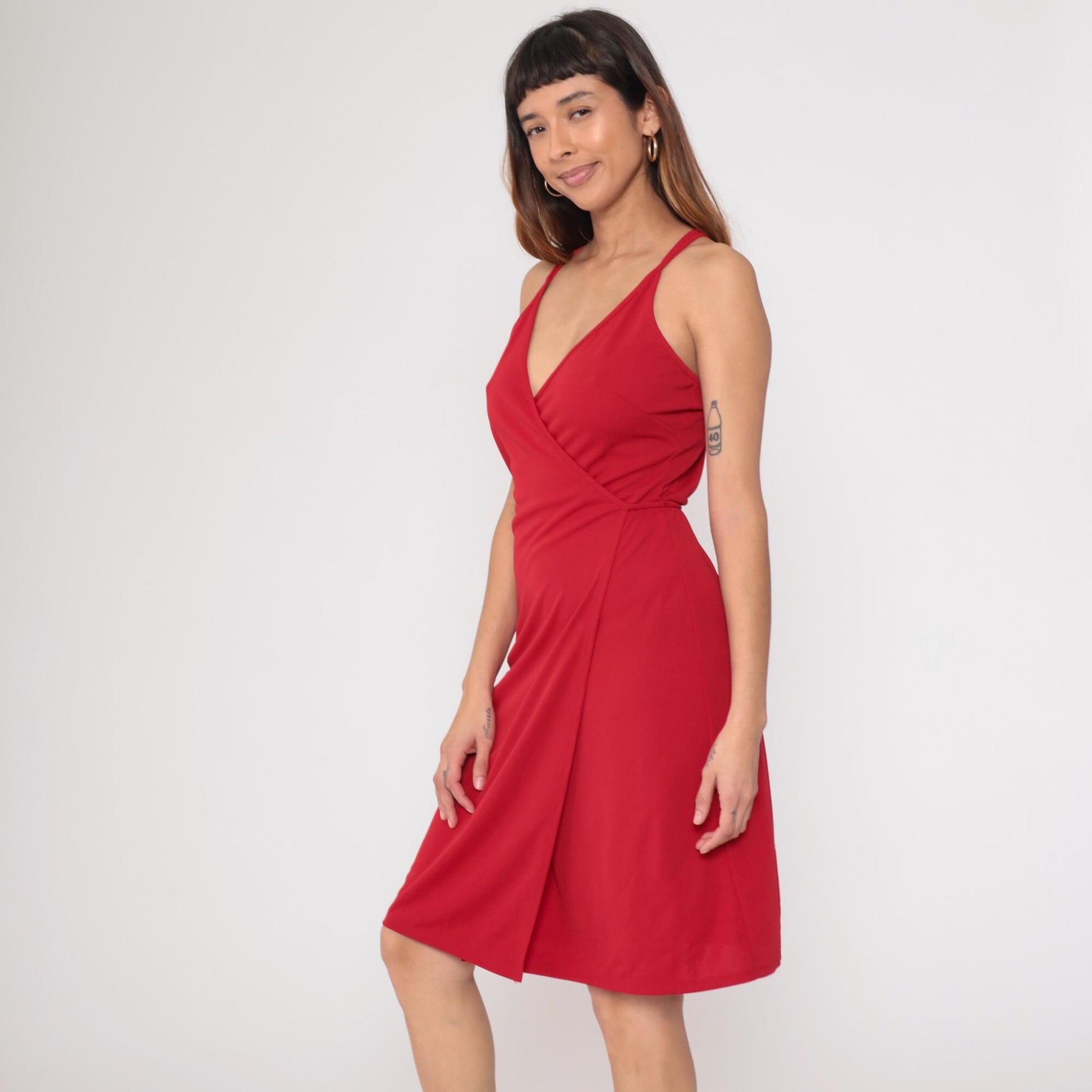 Y2K Express Red Halter Wrap Dress Knee Length Coquette Medium M