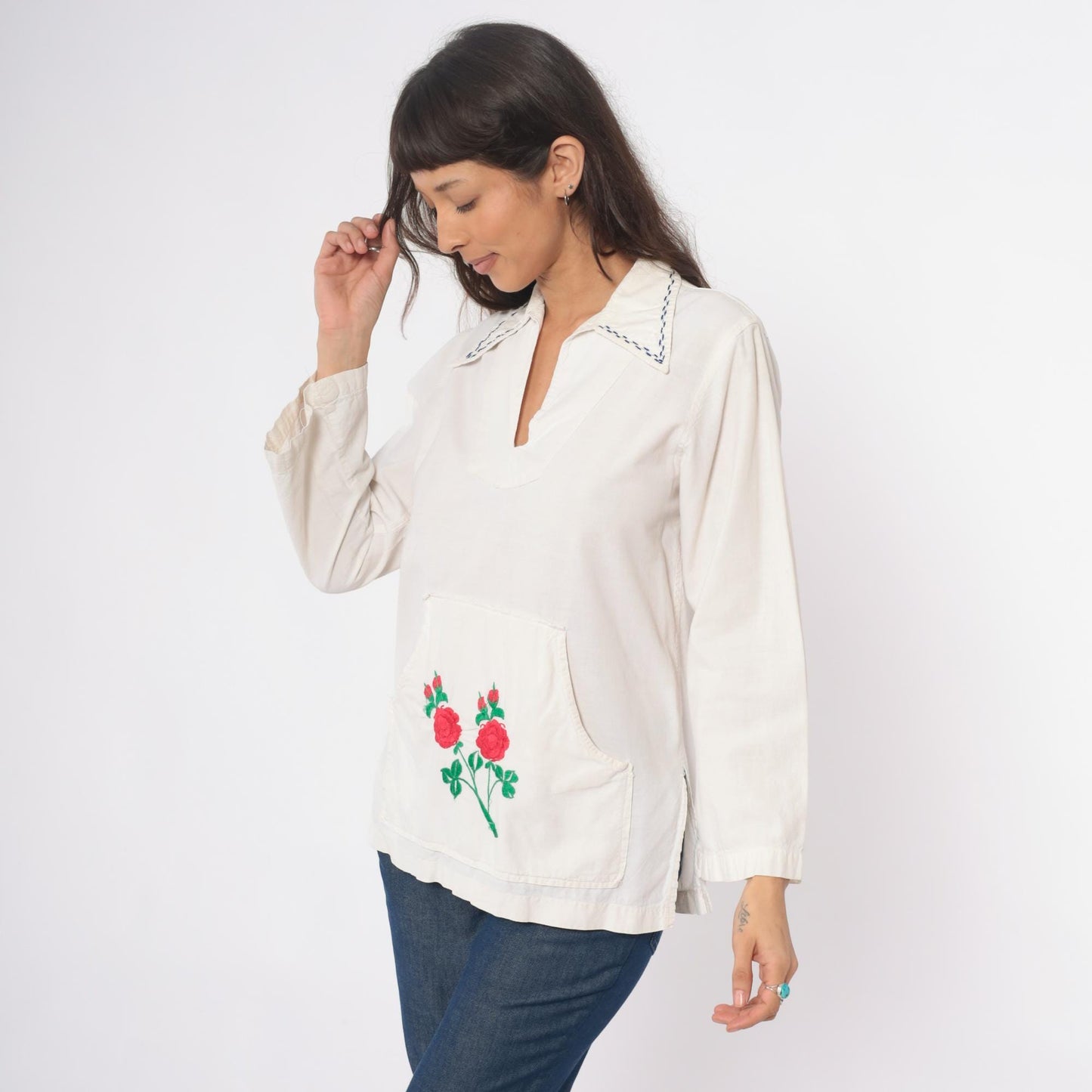 70s Cream Embroidered Rose Tunic Cotton Peasant Blouse Medium M
