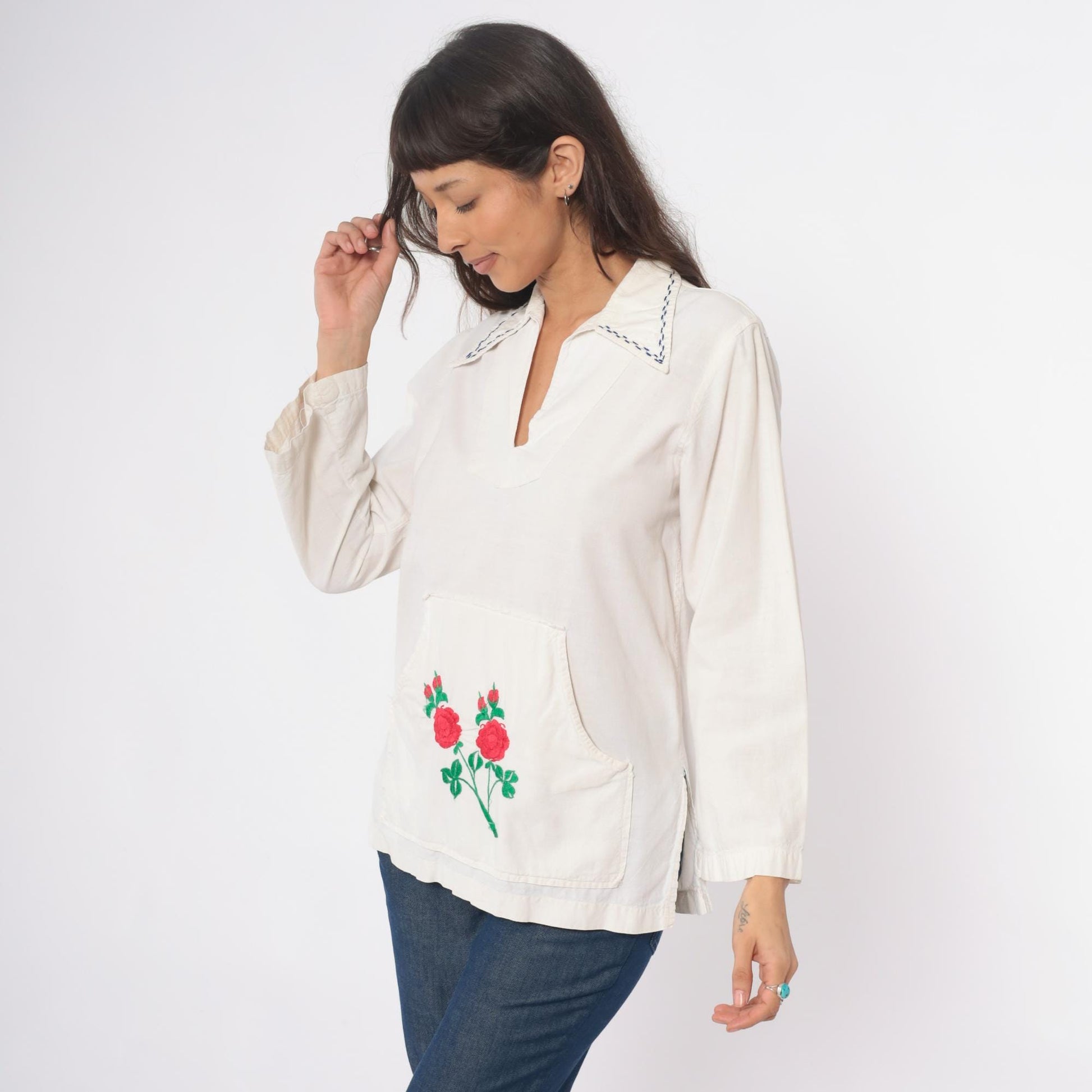70s Cream Embroidered Rose Tunic Cotton Peasant Blouse Medium M