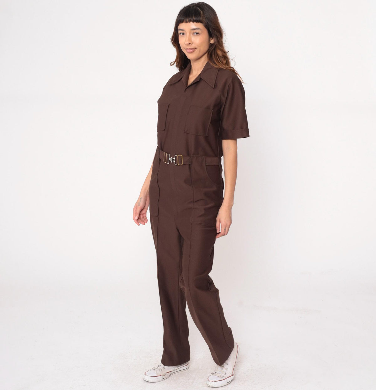 70s Brown Utility Jumpsuit Zip Front Workwear Boiler Suit Medium