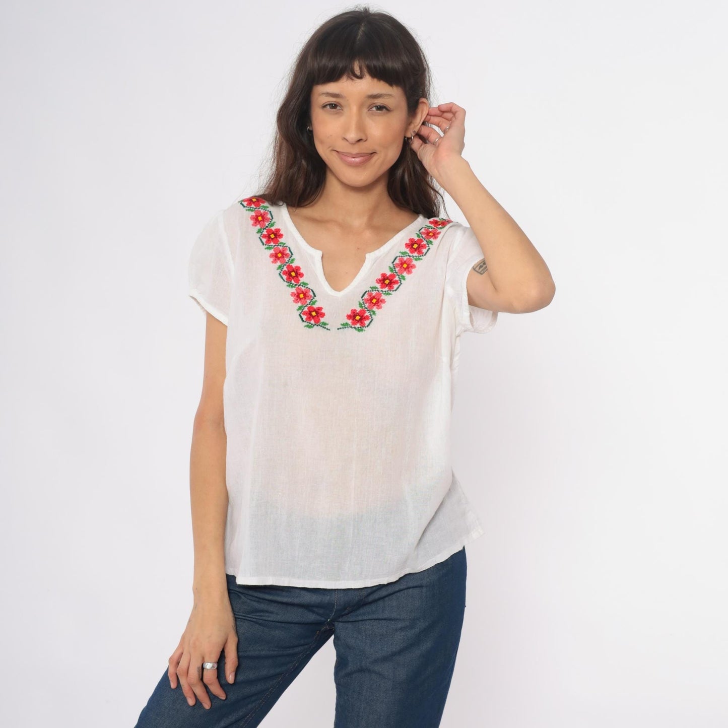 90s Mexican Embroidered Floral Blouse White Cotton V-Neck Peasant Top Large