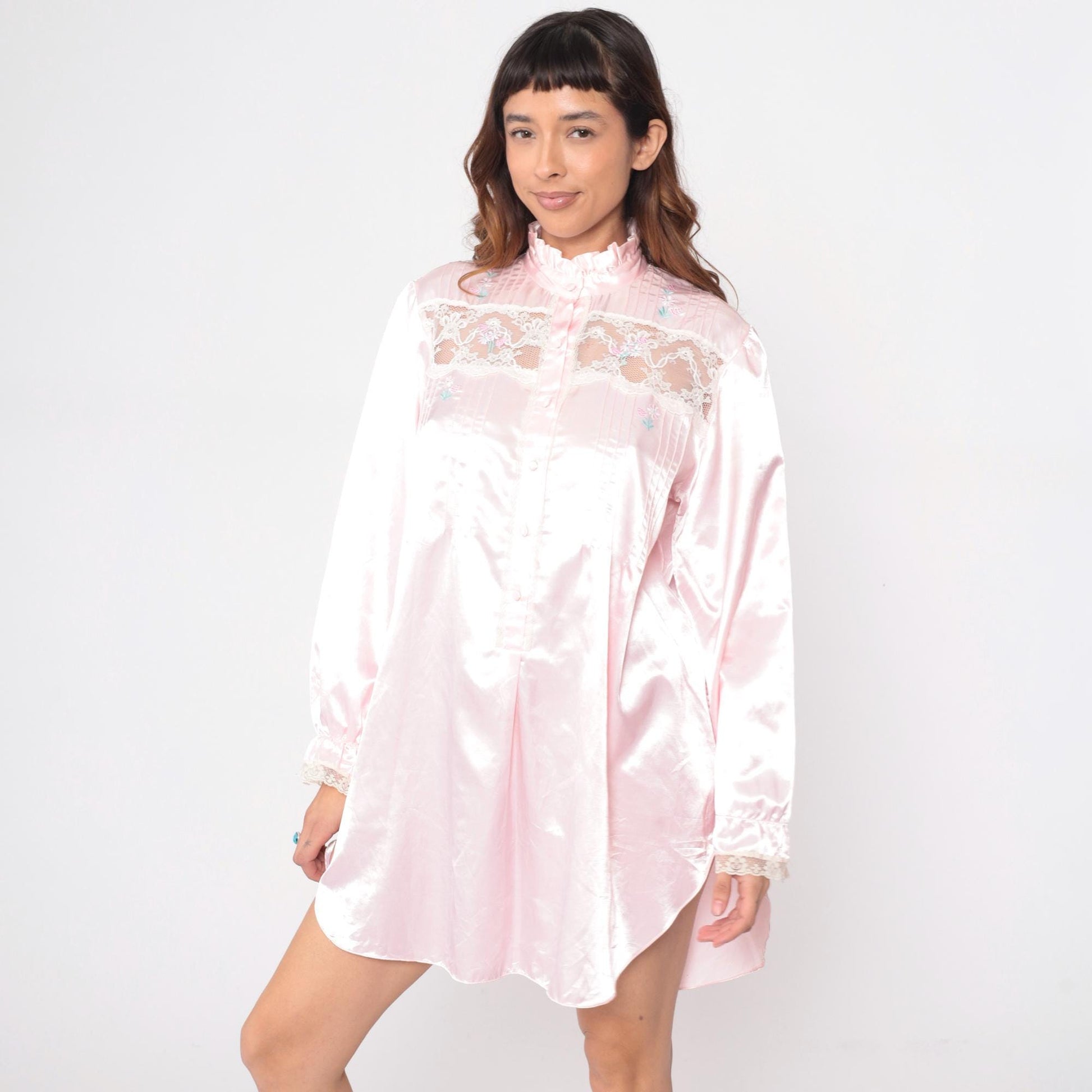 90s Pink Satin Nightgown Jodie Ardebn Embroidered Floral Ruffle Sleeve Medium