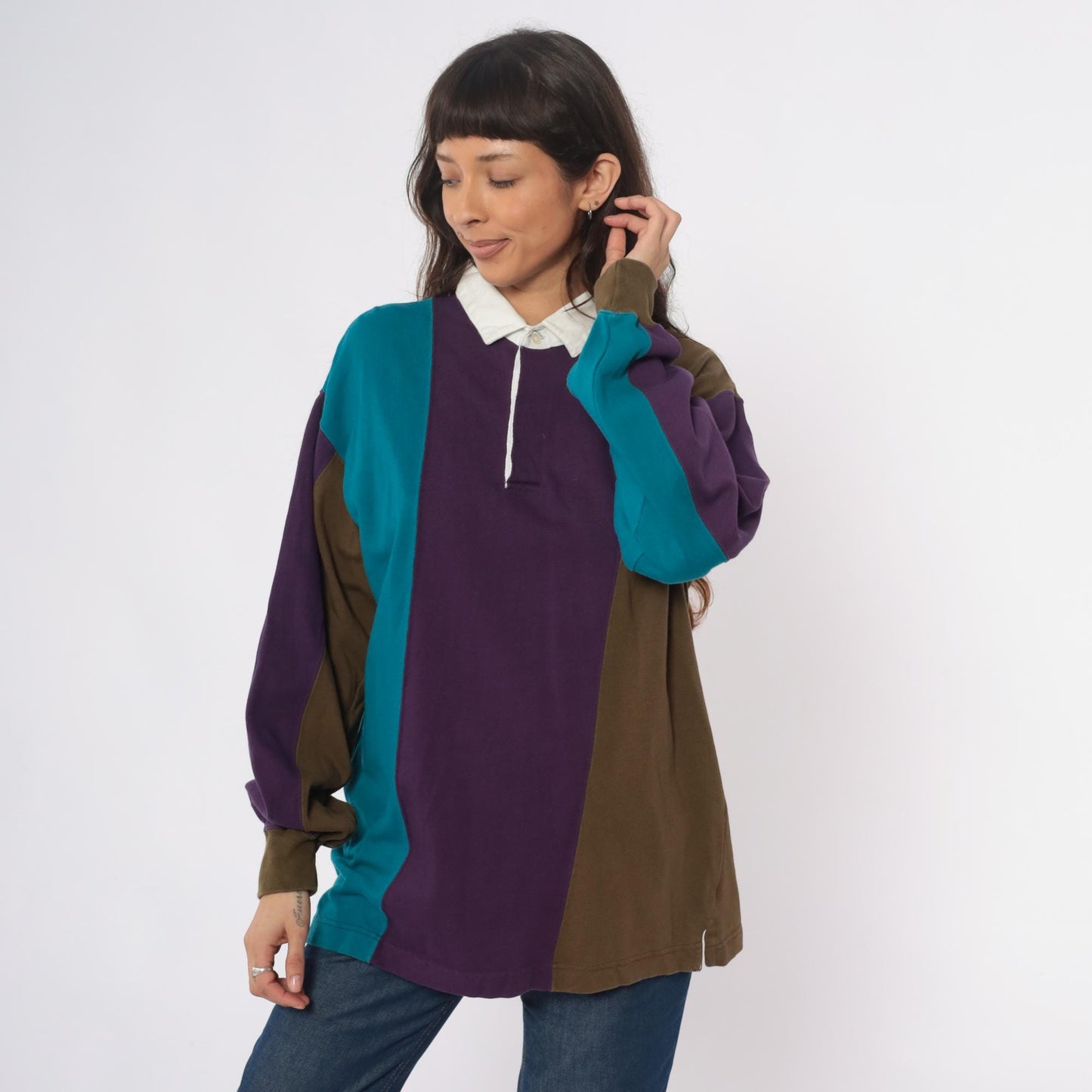 90s Cambridge Classics Rugby Polo Purple Teal Olive Colour Block Cotton Large