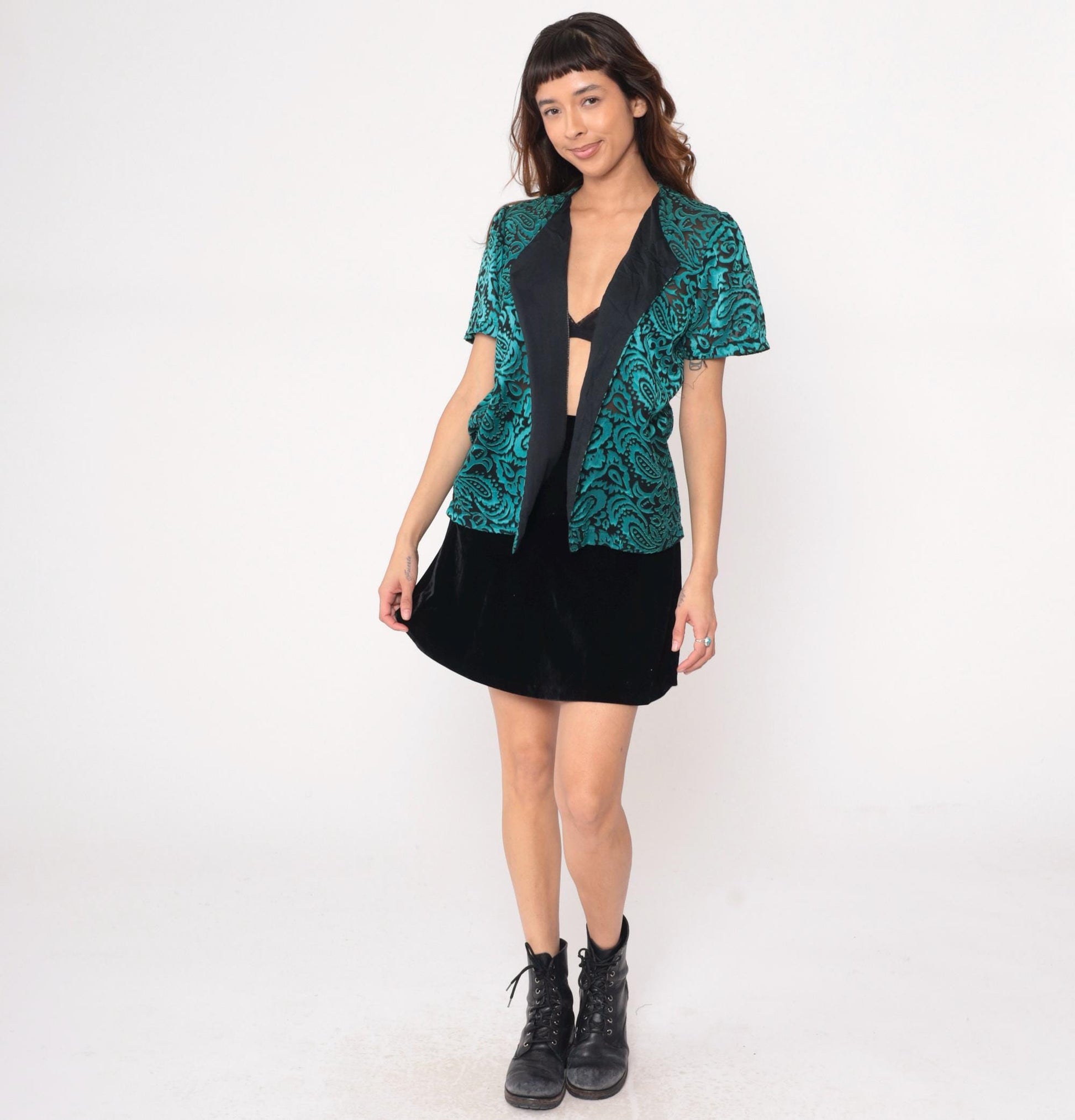 90s Turquoise Paisley Velvet Cardigan Black Trim Short Sleeve Open Front Medium M