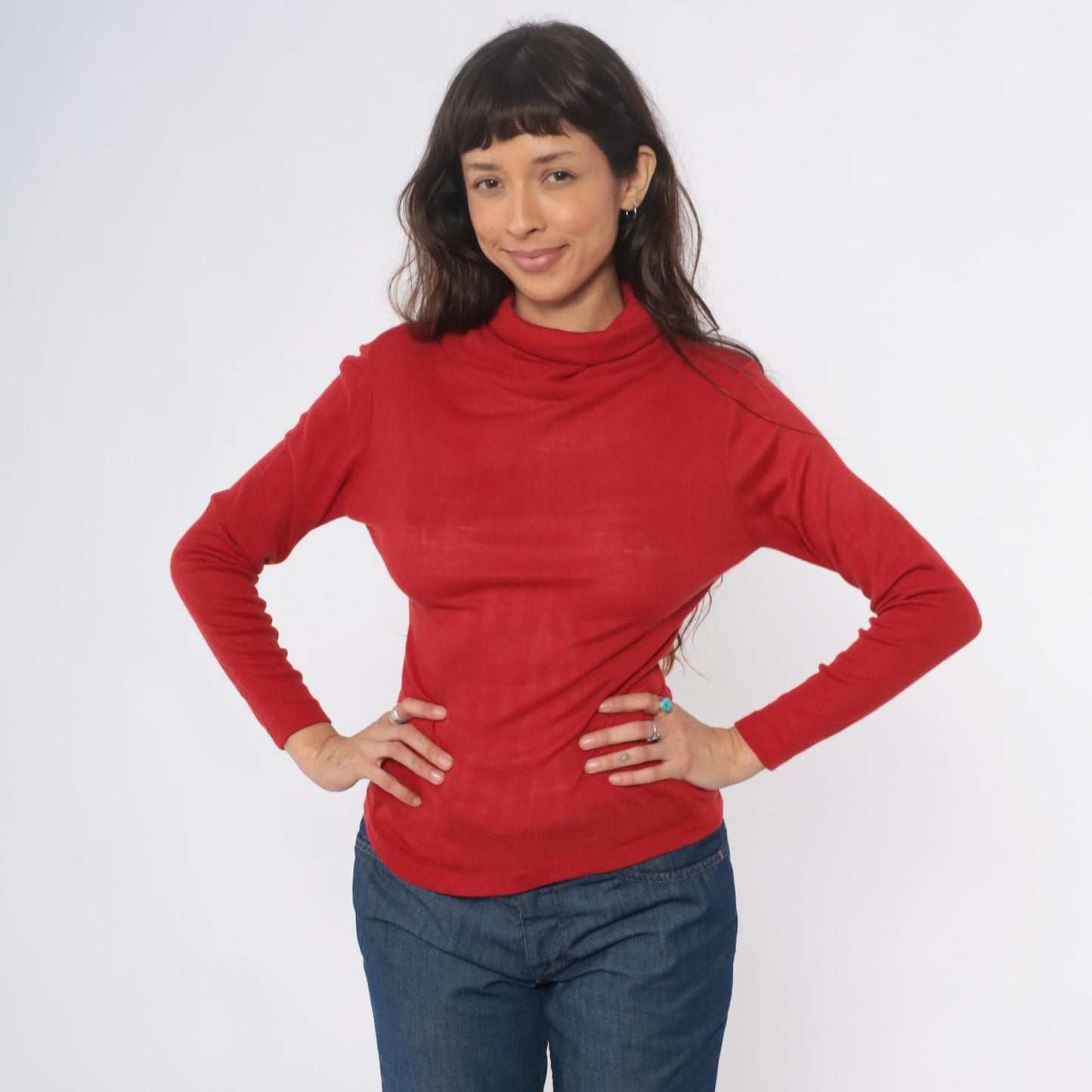 80s Red Turtleneck Acrylic Knit Fitted Long Sleeve Pullover Medium M