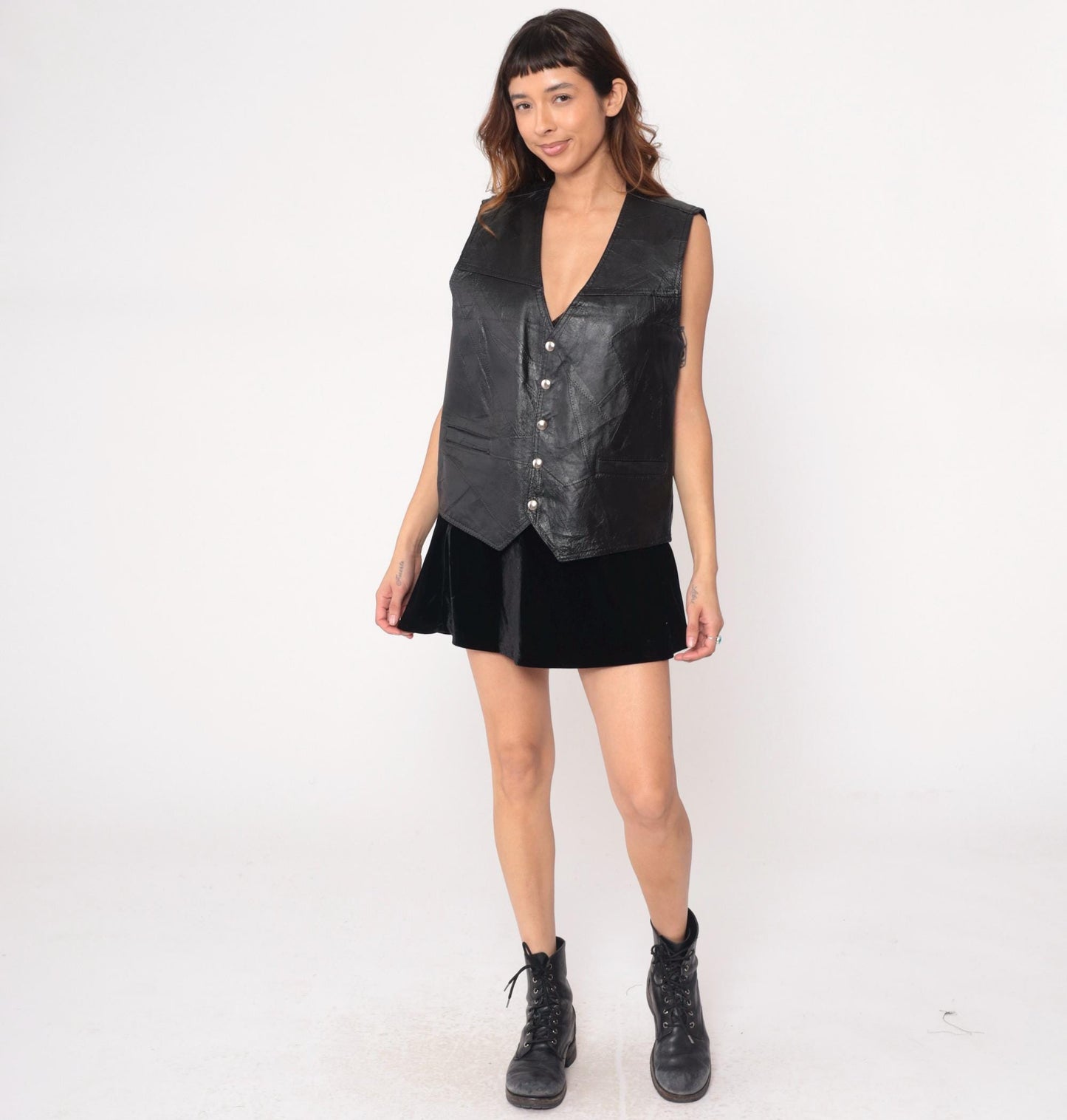 90s Black Leather Vest Button Front V-Neck Sleeveless Large L