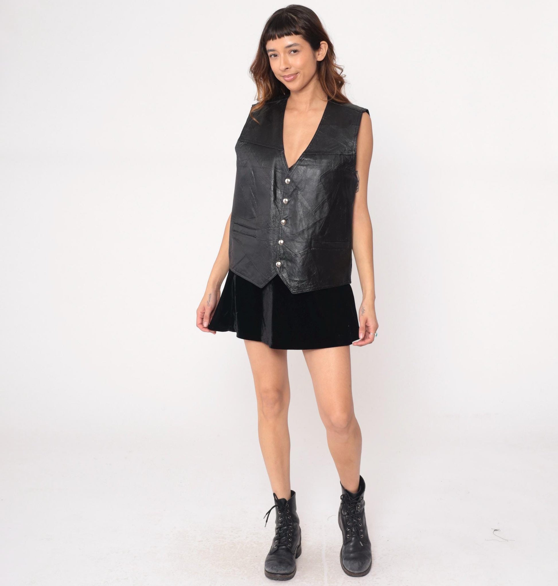 90s Black Leather Vest Button Front V-Neck Sleeveless Large L