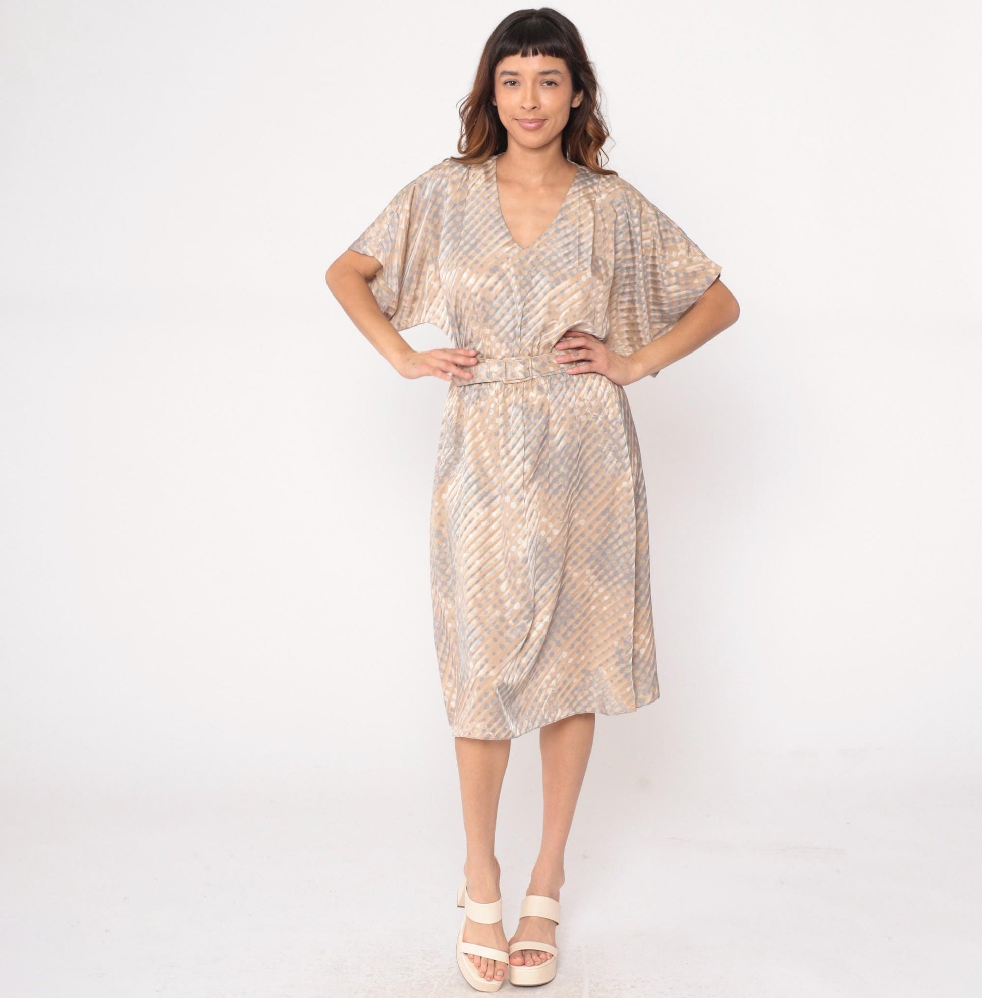 80s Pellini Wrap Dress Beige Polka Dot Diagonal Stripe V-Neck Kimono Sleeve Small