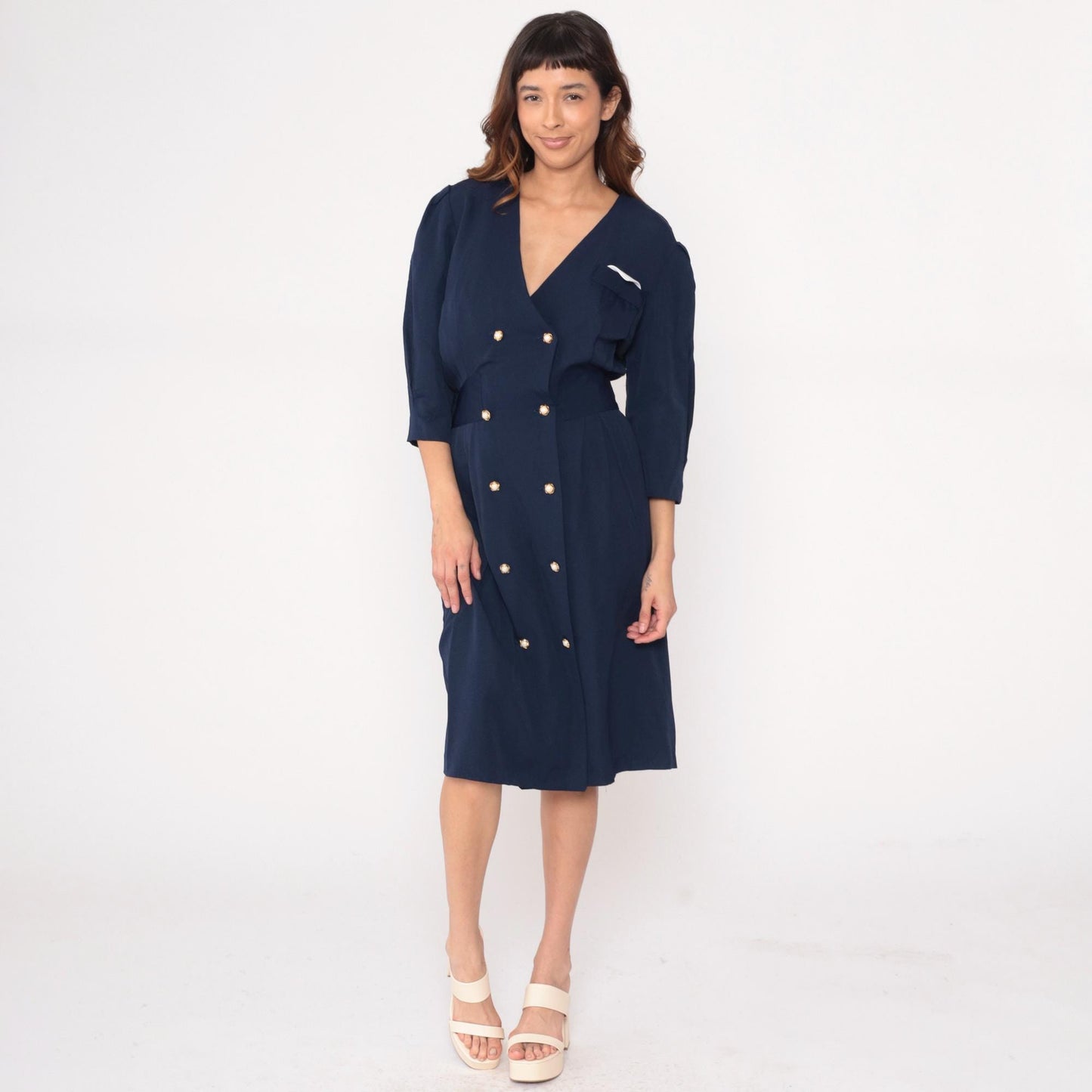 90s Ms. Basia California Navy Double-Breasted Dress Gold Buttons Medium