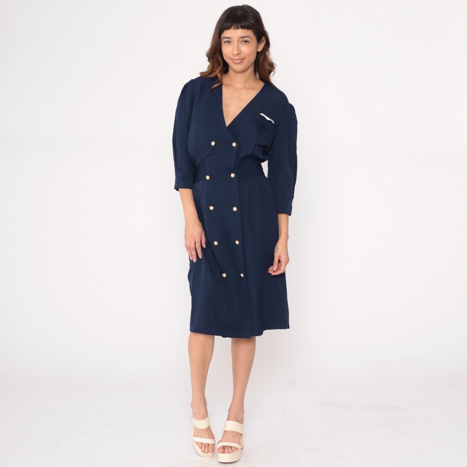 90s Ms. Basia California Navy Double-Breasted Dress Gold Buttons Medium