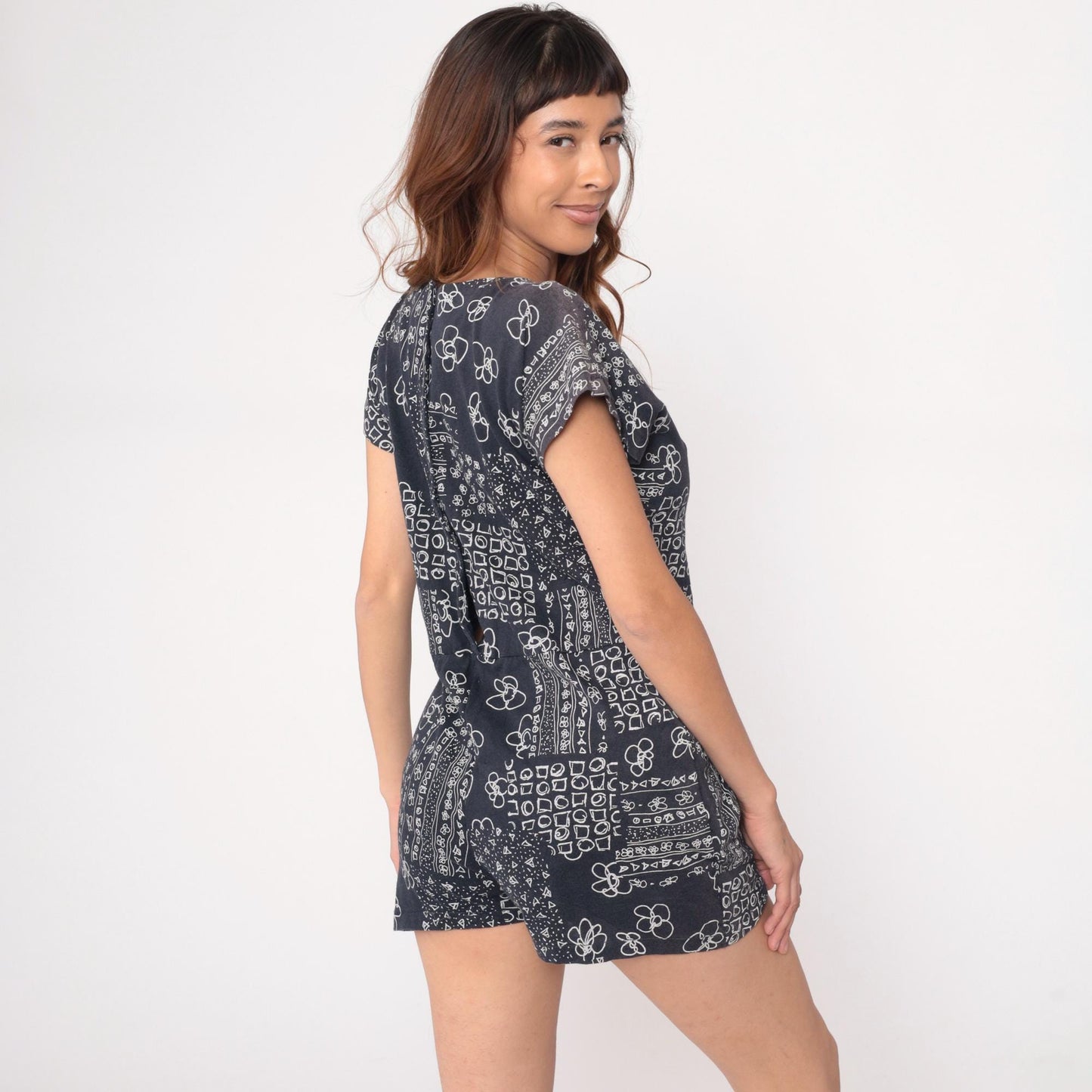 90s Black Bandana Floral Romper Cotton Scoop Neck Short Sleeve Playsuit Large