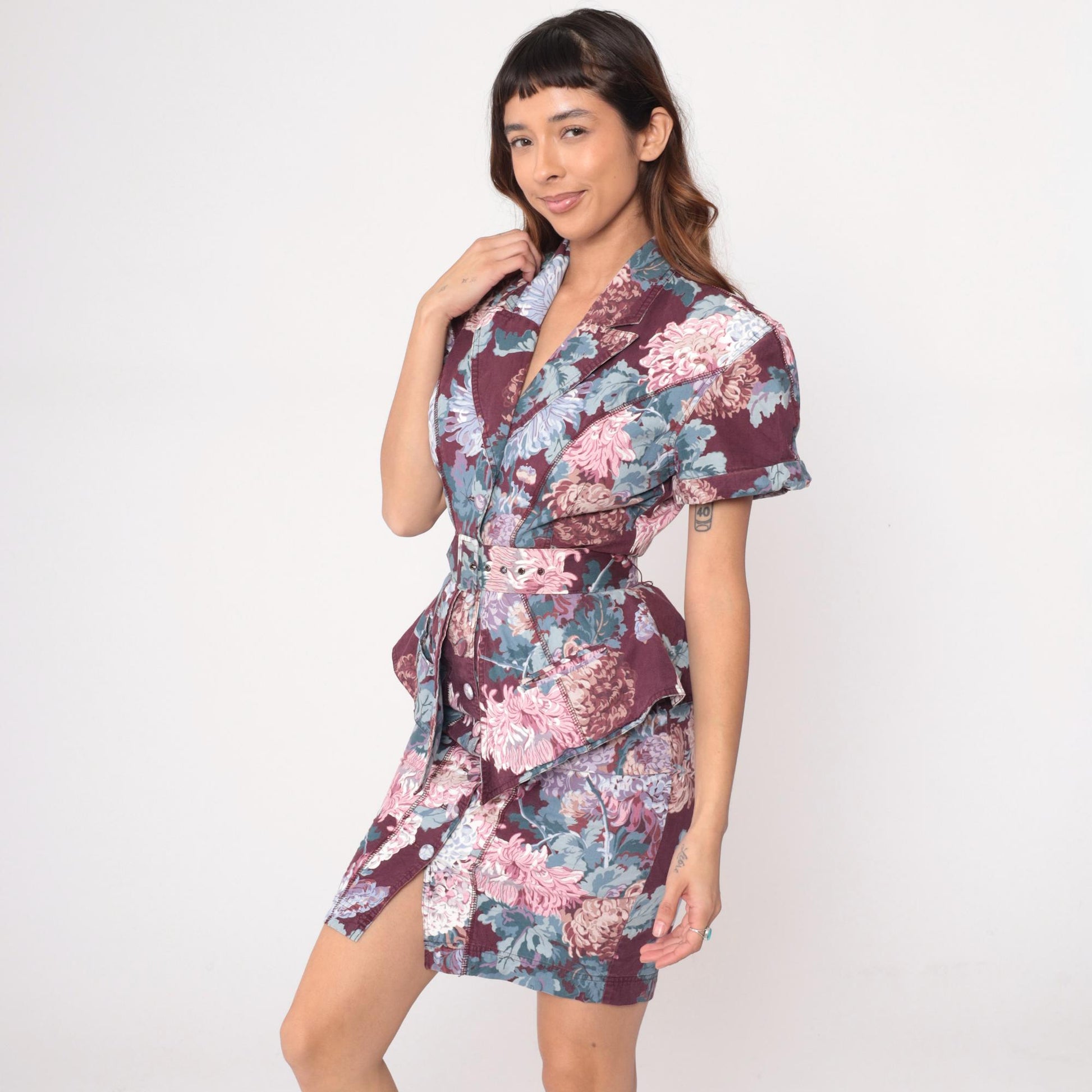 90s Karen Alexander Floral Peplum Dress Burgundy Chrysanthemum Small