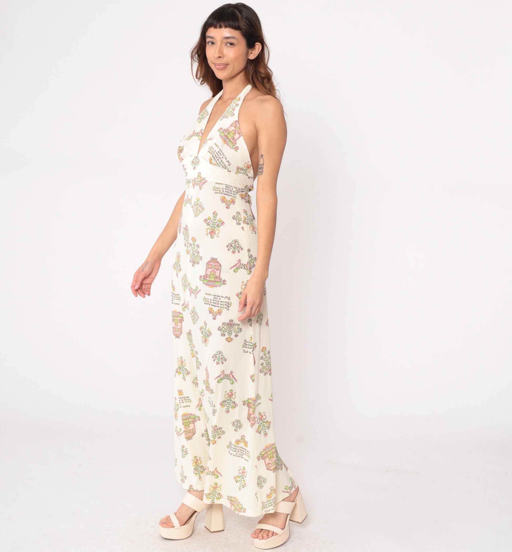 70s White Halter Maxi Dress Novelty Print Open Back Empire Waist Medium