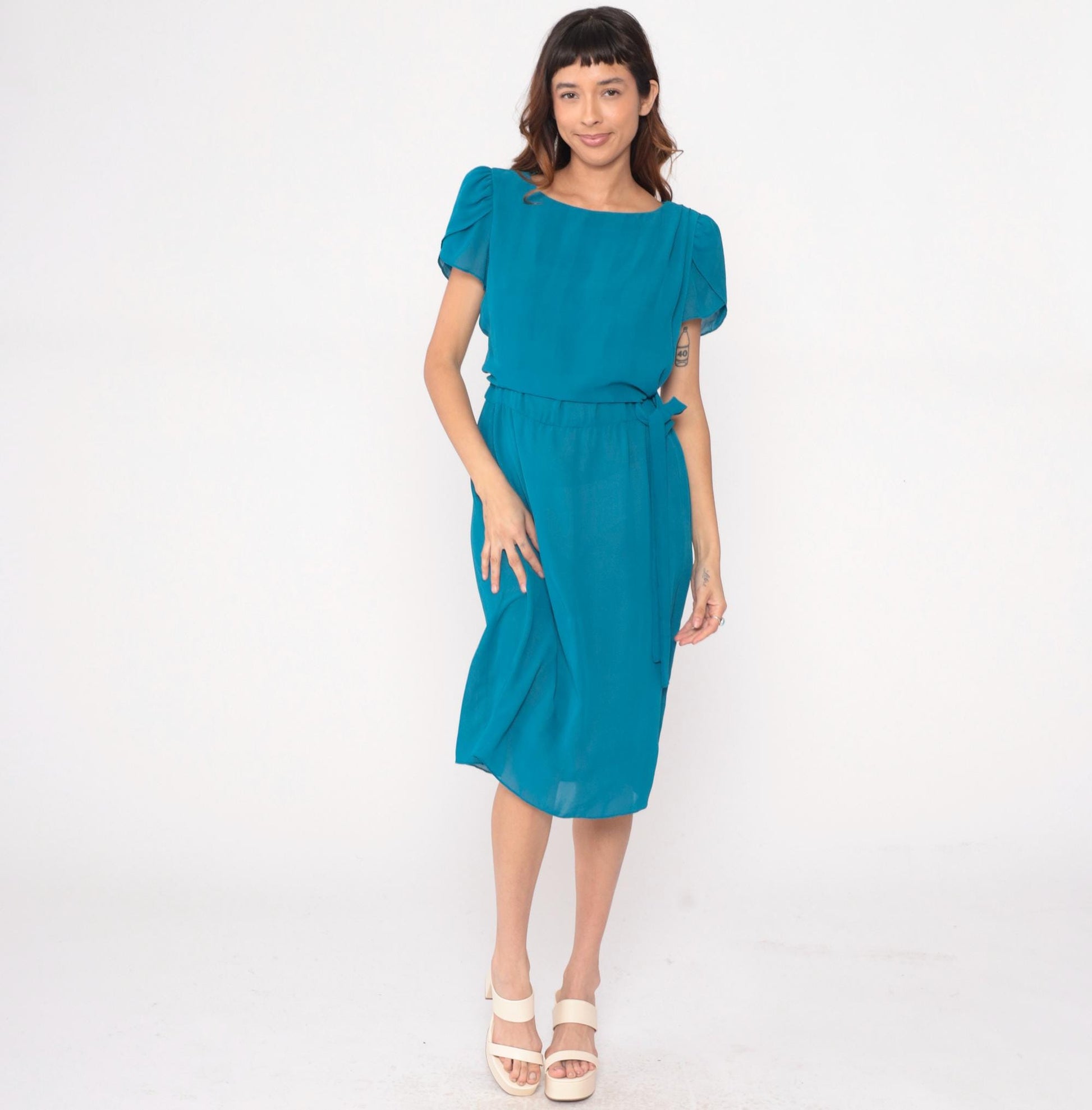 80s Alison Peters Teal Puff Sleeve Dress Boat Neck Tie Belt Knee-Length Small
