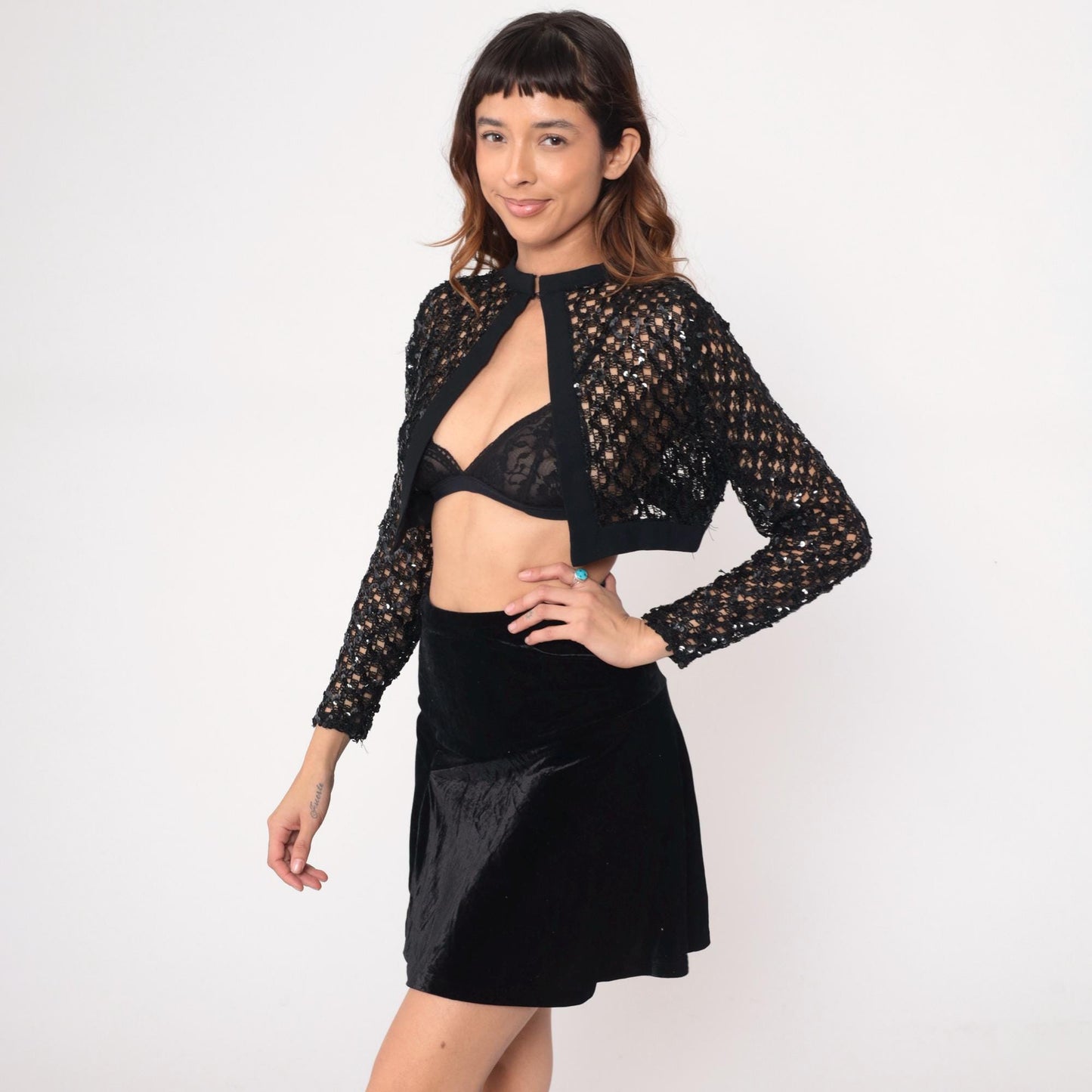 90s Black Sequin Mesh Bolero Cropped Jacket Keyhole Small