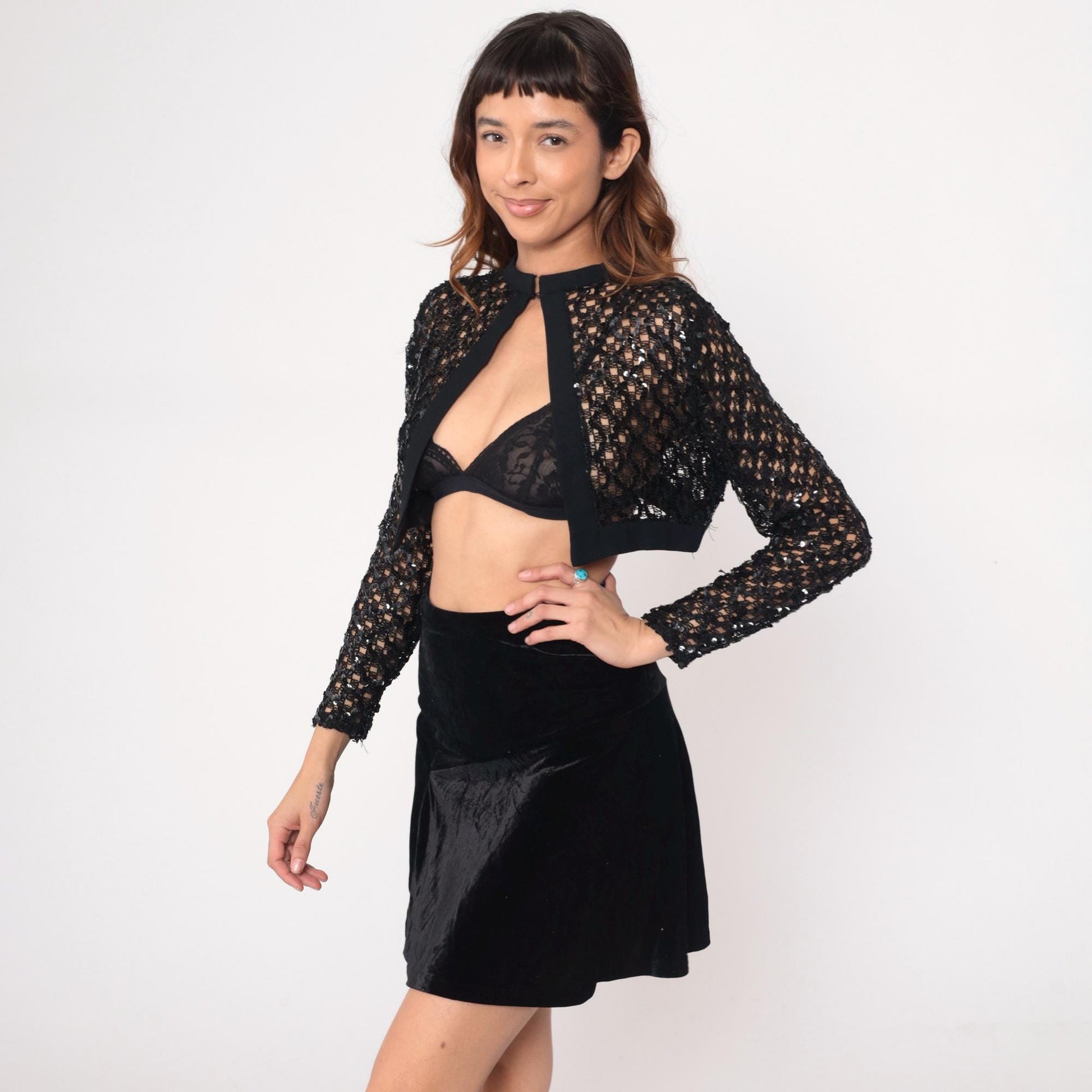 90s Black Sequin Mesh Bolero Cropped Jacket Keyhole Small