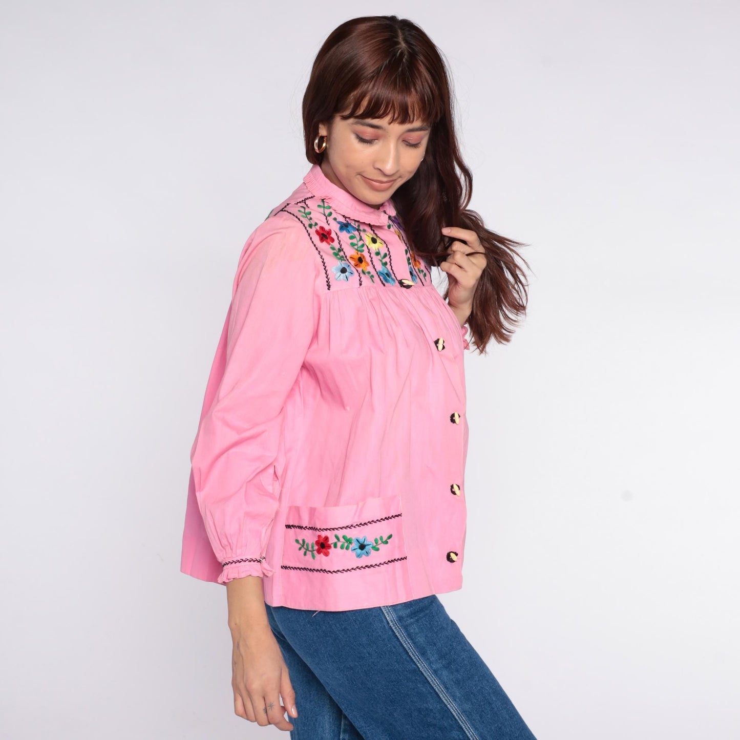 70s Mexican Embroidered Pink Floral Blouse Peter Pan Collar Cotton XS
