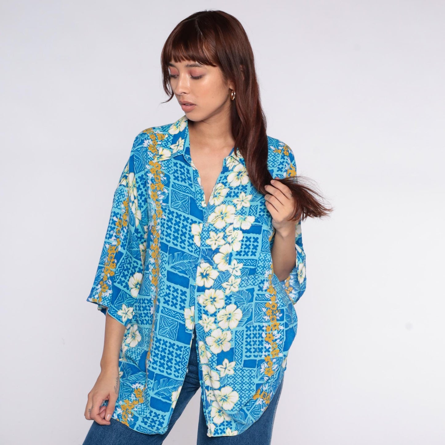 90s Hawaiian Shirt Blue Hibiscus Floral Geometric Print Unisex Extra Large XL