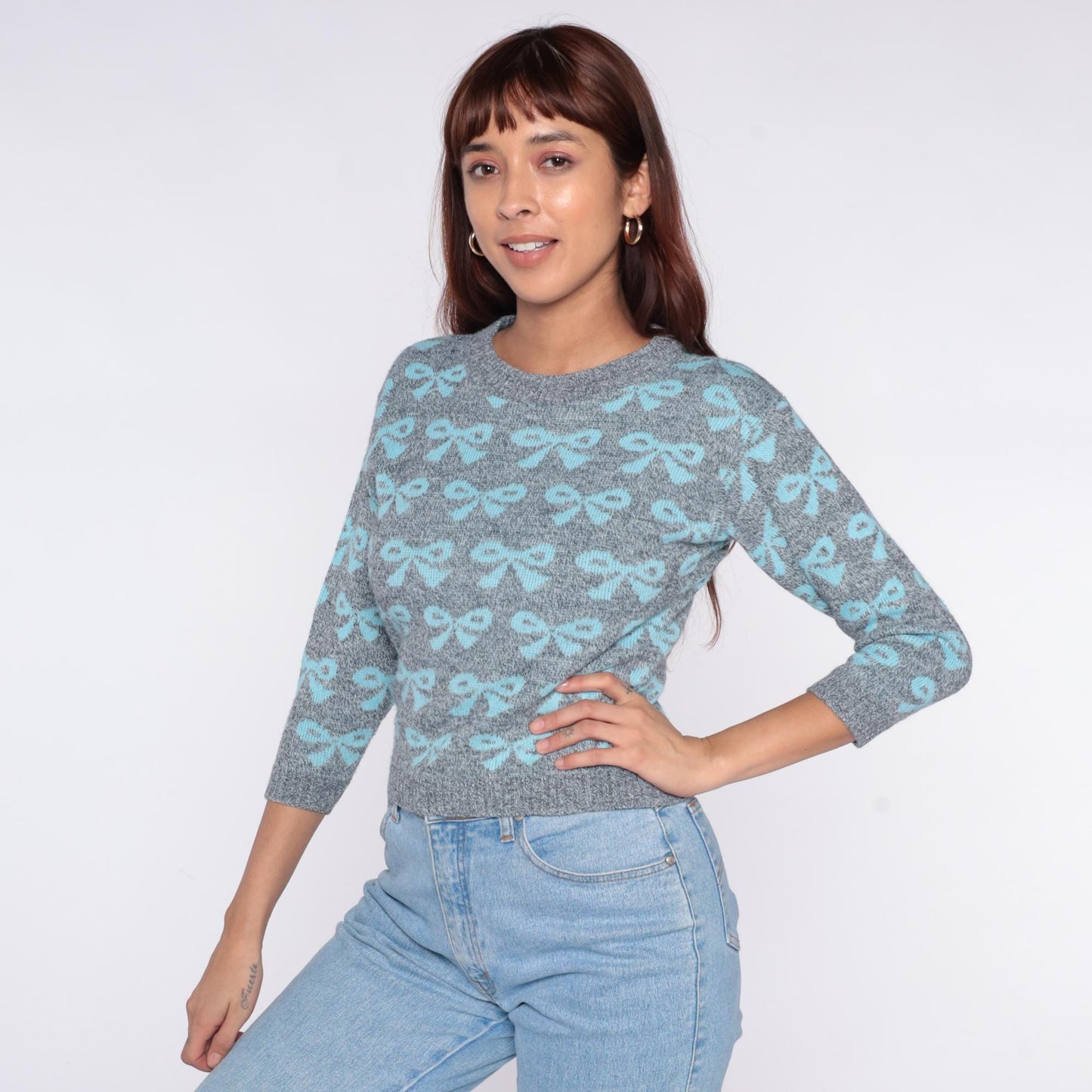 80s Go Nitty Grey Turquoise Bow Knit Sweater Cropped Crew Neck Extra Small