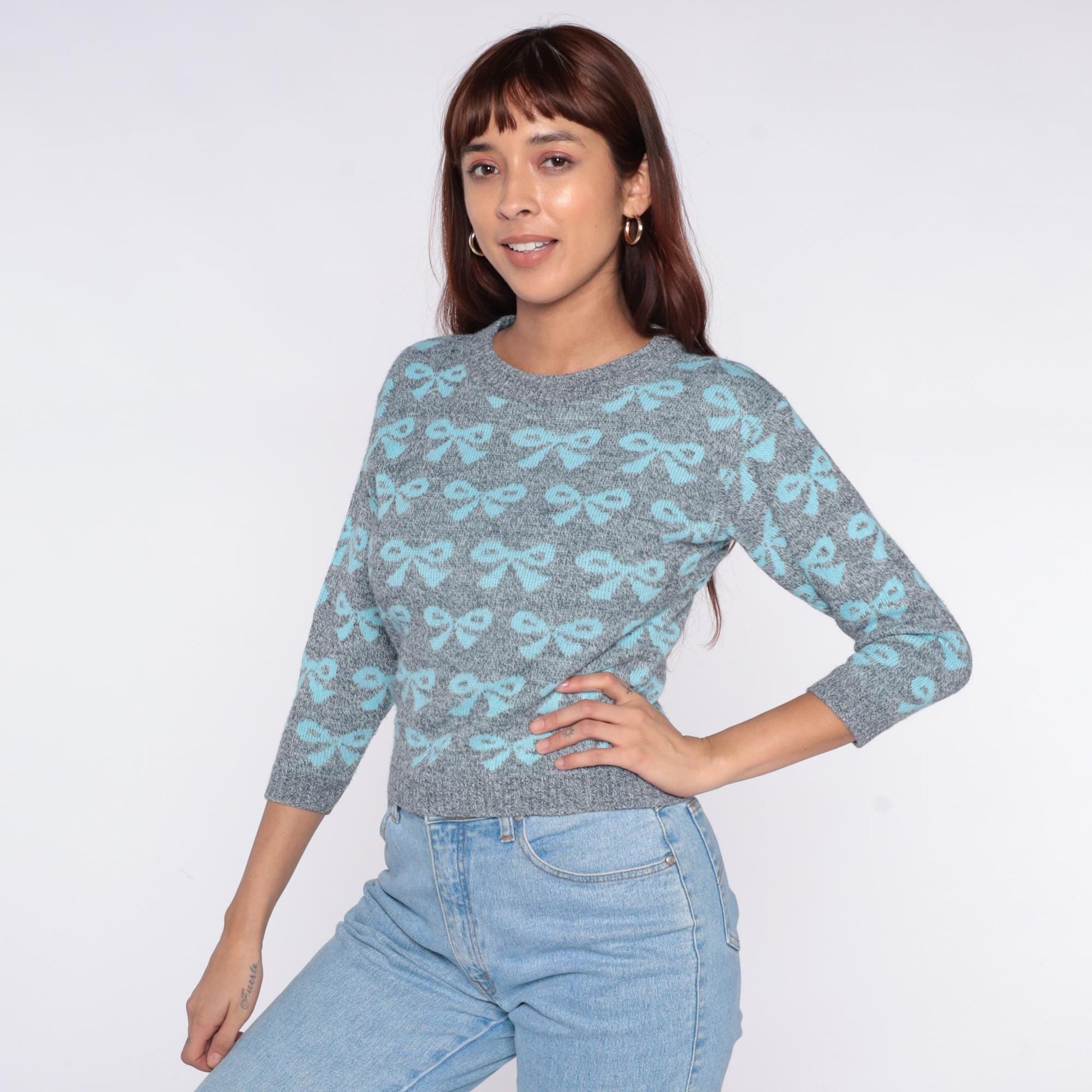80s Go Nitty Grey Turquoise Bow Knit Sweater Cropped Crew Neck Extra Small