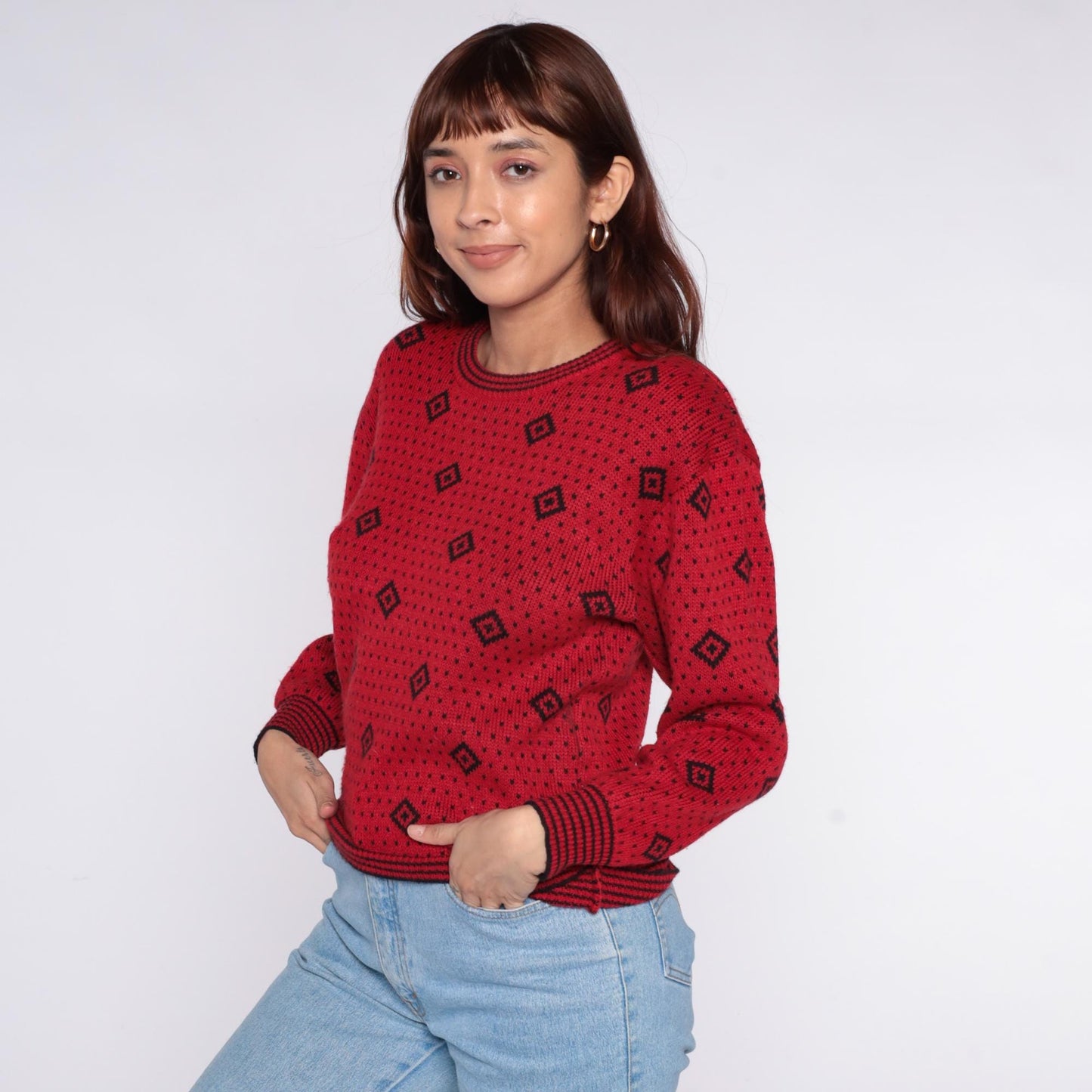 80s Red Geometric Diamond Sweater Black Dot Crew Neck Knit Small S