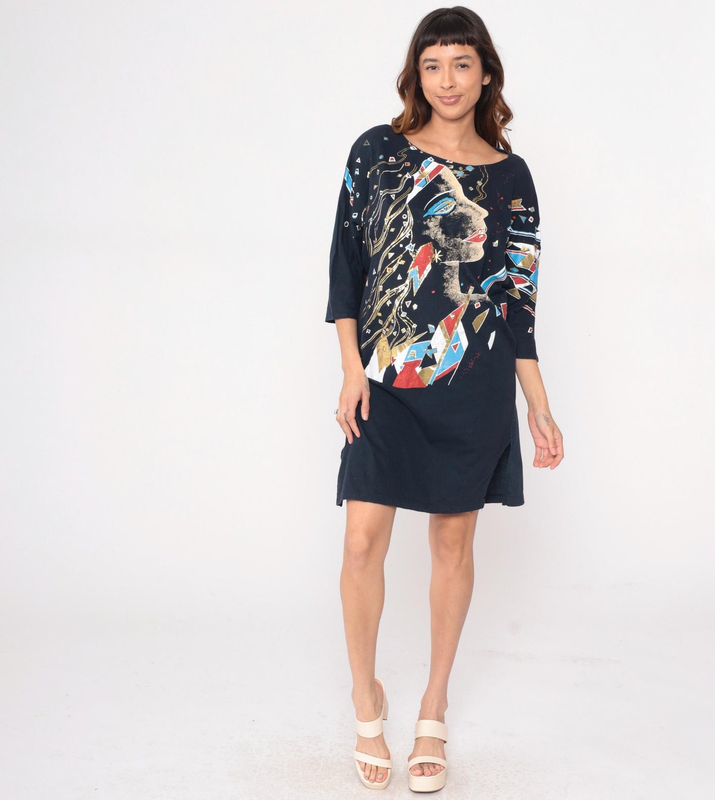 90s Abstract Face Graphic Shift Dress Black Cotton Knee-Length Medium M