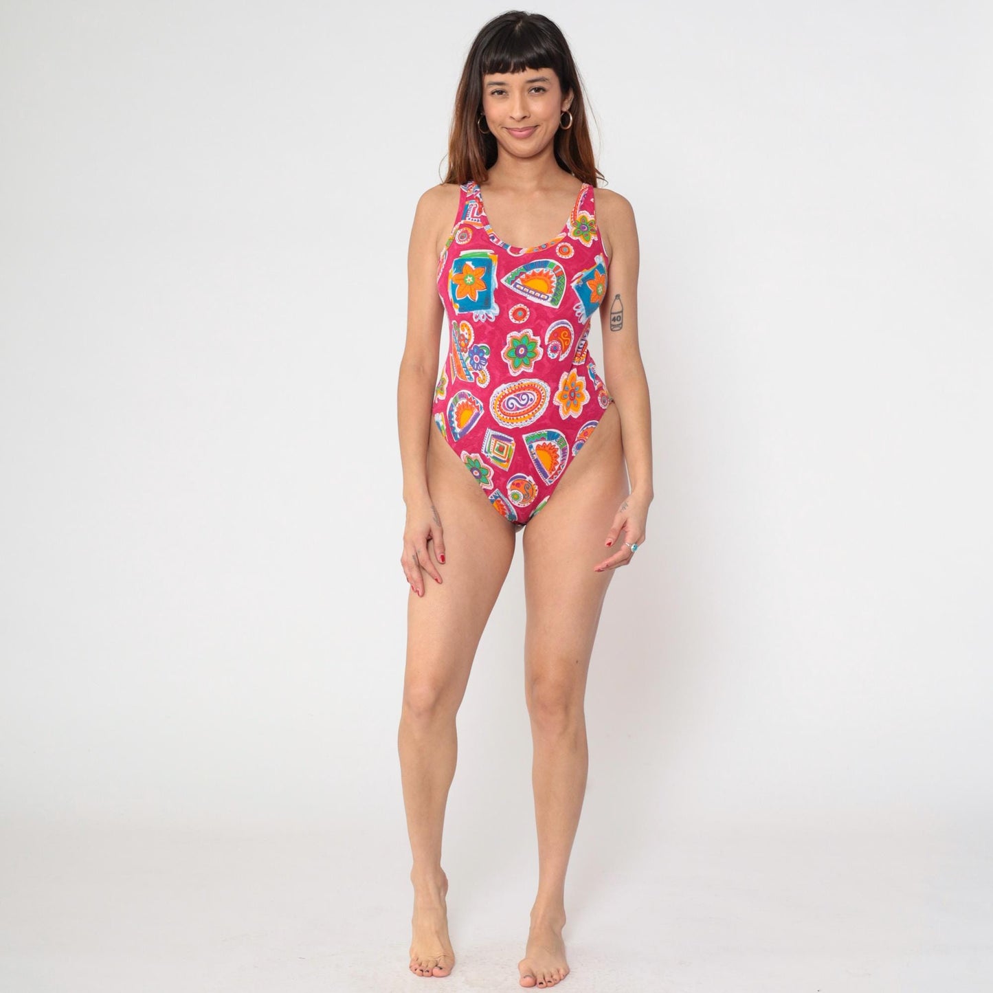 90s United Colors of Benetton One-Piece Swimsuit Pink Paisley Geometric Large L