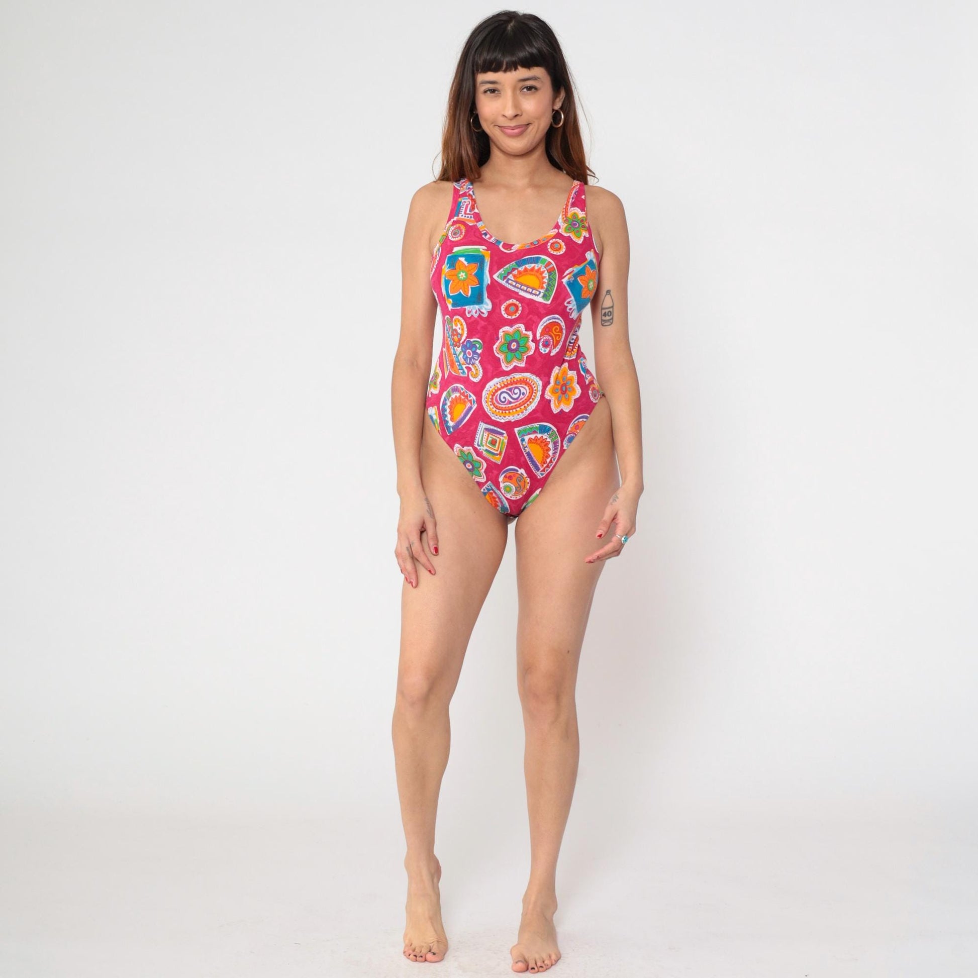 90s United Colors of Benetton One-Piece Swimsuit Pink Paisley Geometric Large L