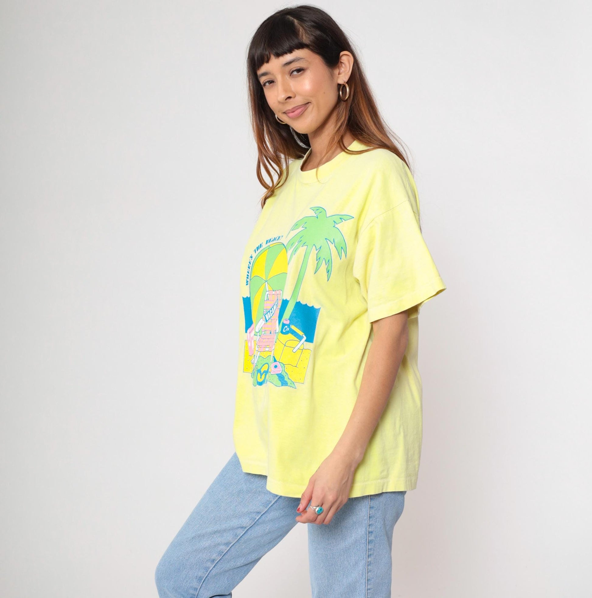 90s Fruit of the Loom Yellow Beach Graphic T-Shirt Where's The Beach Extra Large XL