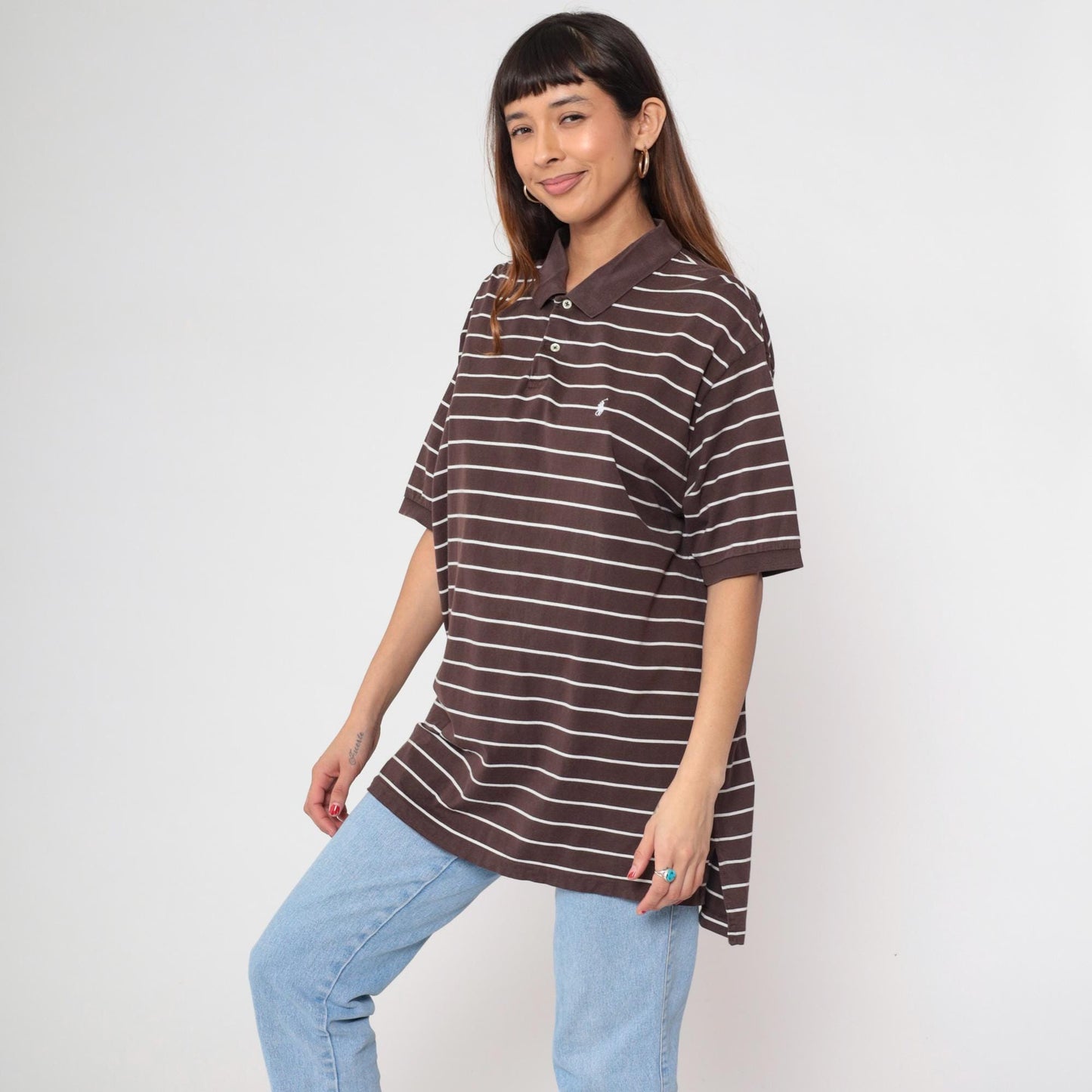 90s Polo Ralph Lauren Striped Polo Shirt Brown White Cotton Extra Large XL