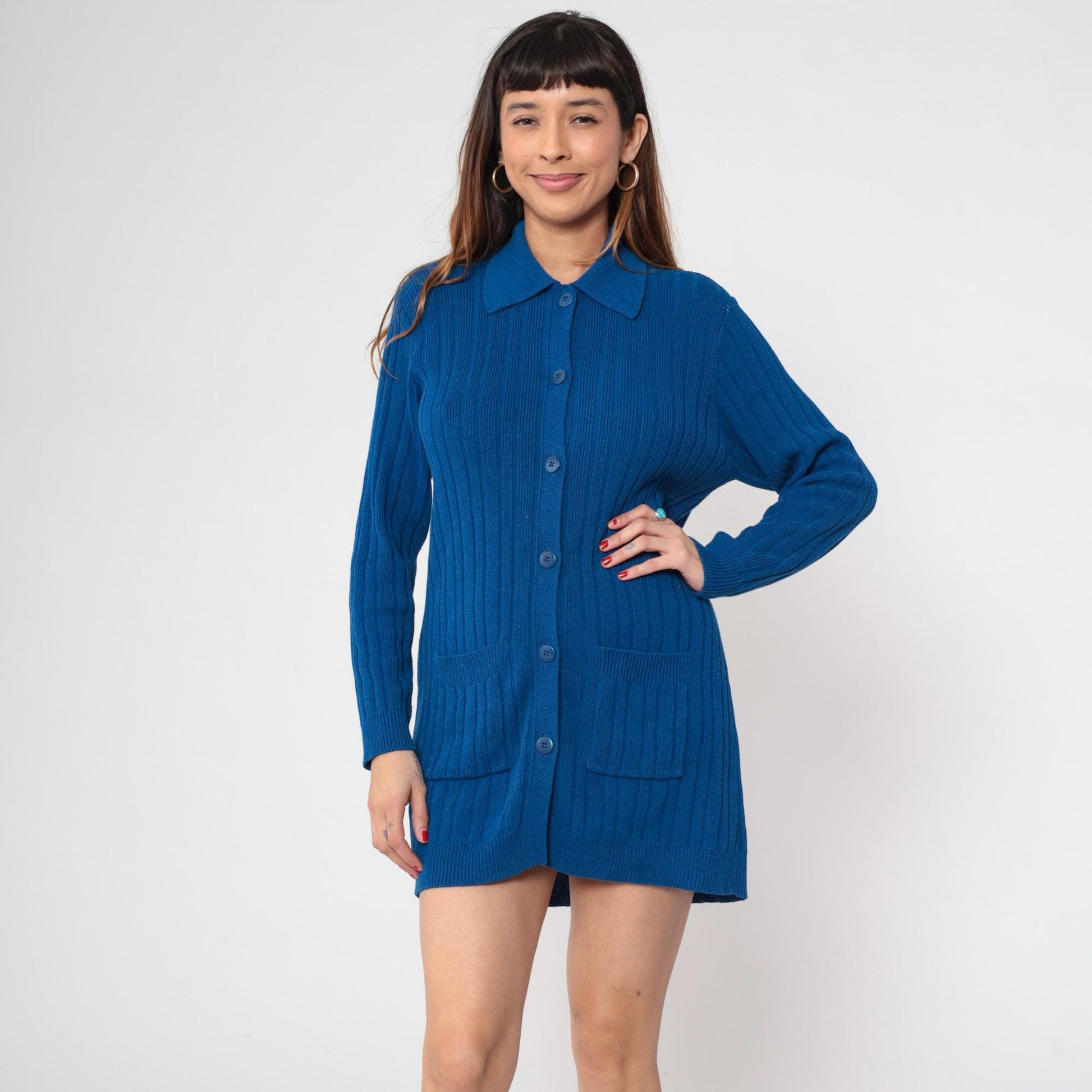 80s Andrea Jovine Blue Ribbed Cardigan Pointed Collar Pockets Large L