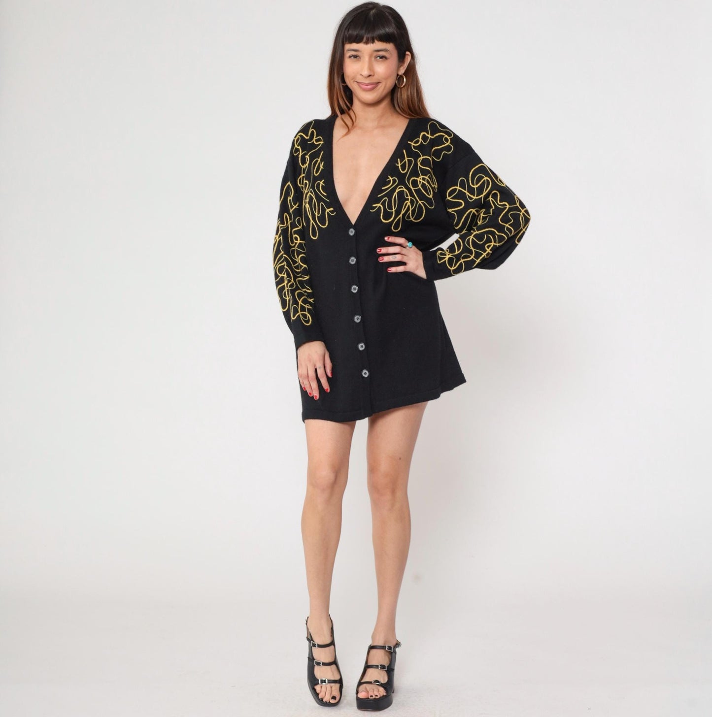 90s Mondi Black Cardigan Gold Embroidered Abstract Wool Blend Longline Medium