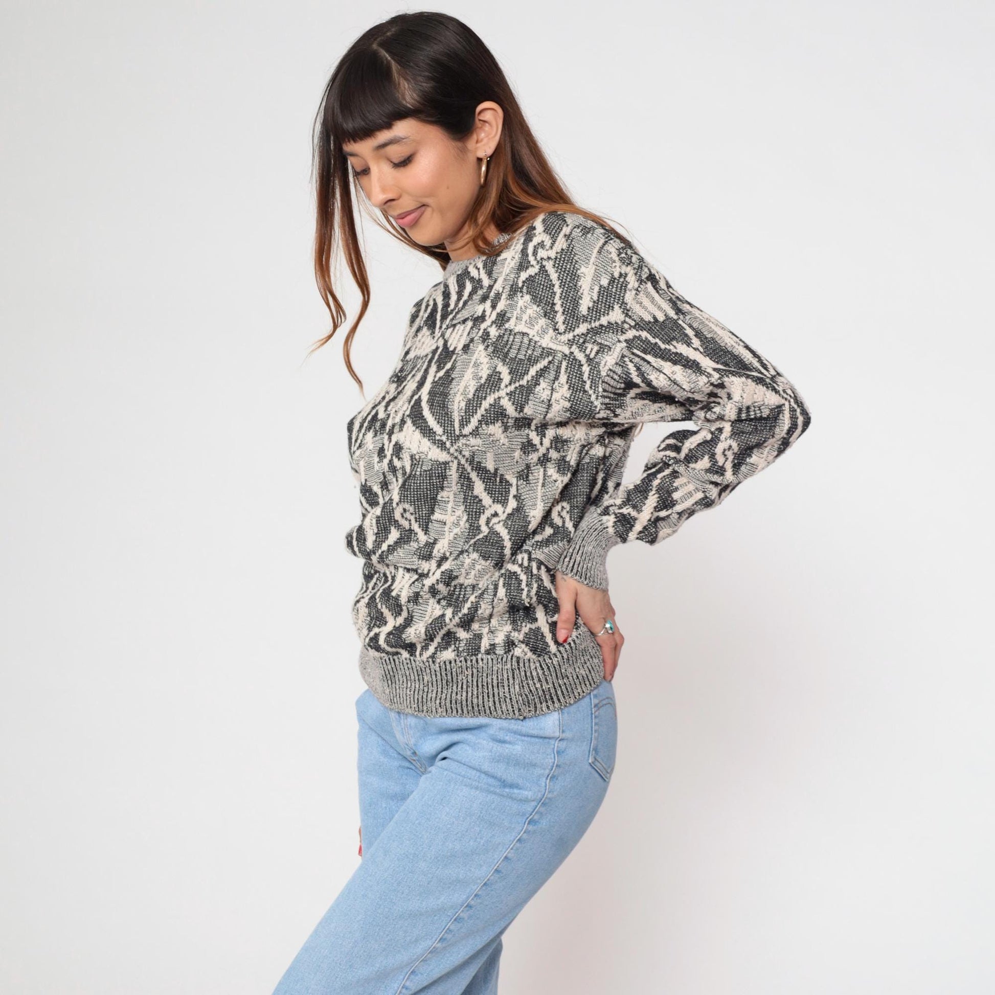 80s Collezione Zenio Abstract Geometric Knit Sweater Grey Cream Small