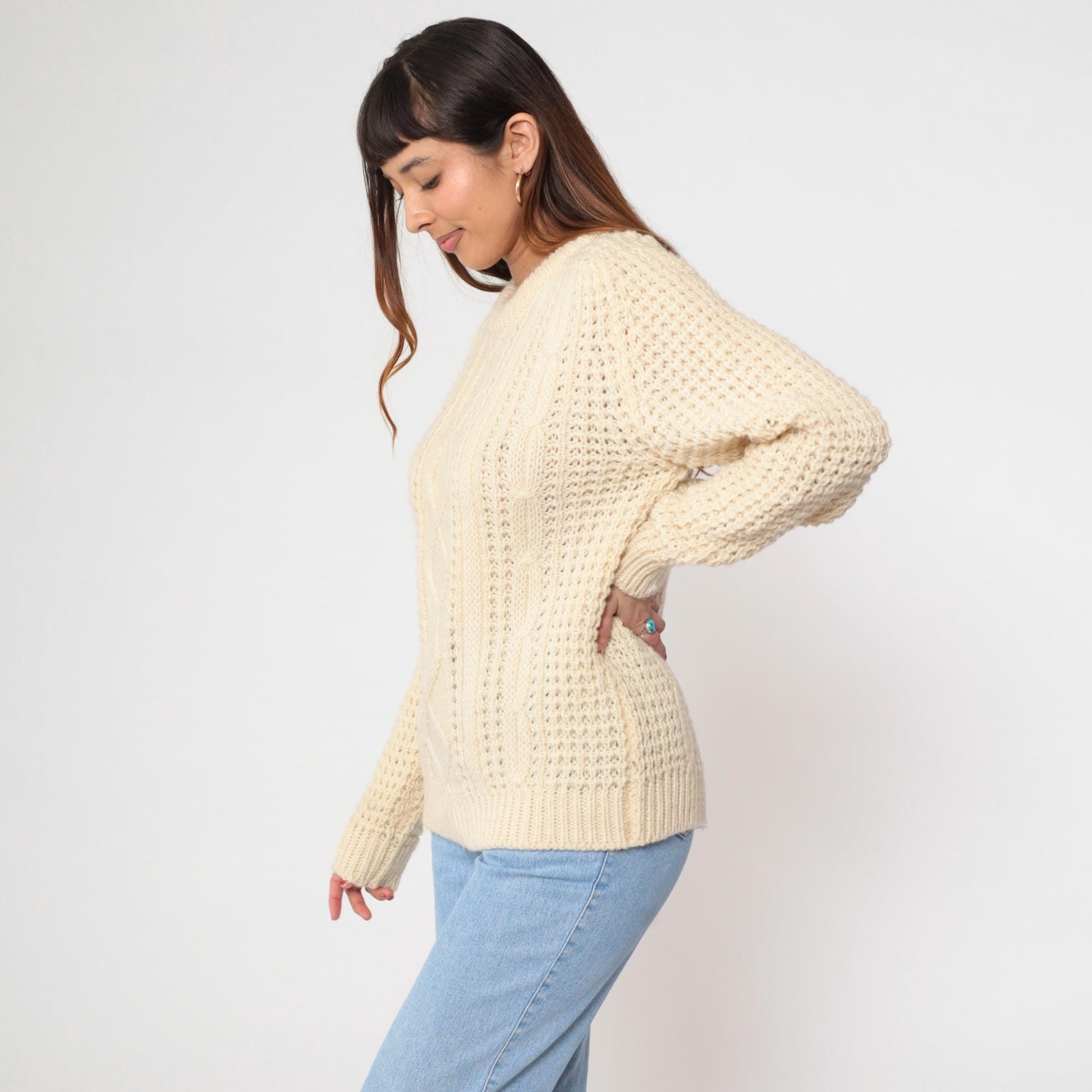 80s Falcarragh Cable Knit Wool Sweater Cream Aran Fisherman Small